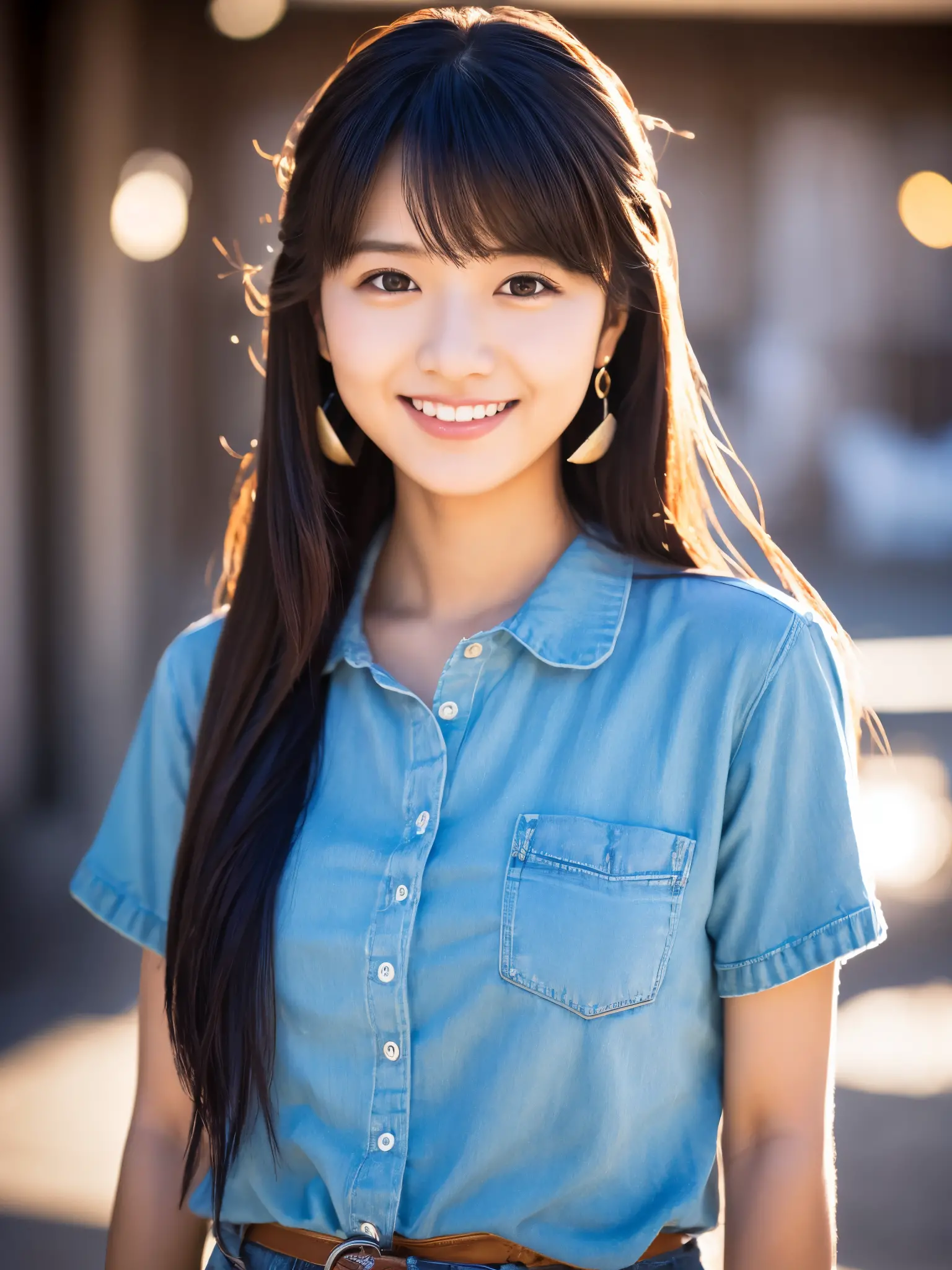 Japanese lady, 20 years old, summer, casual outfit, long black hair, colored inner hair, empty eyes, earrings, smile, depth of f...