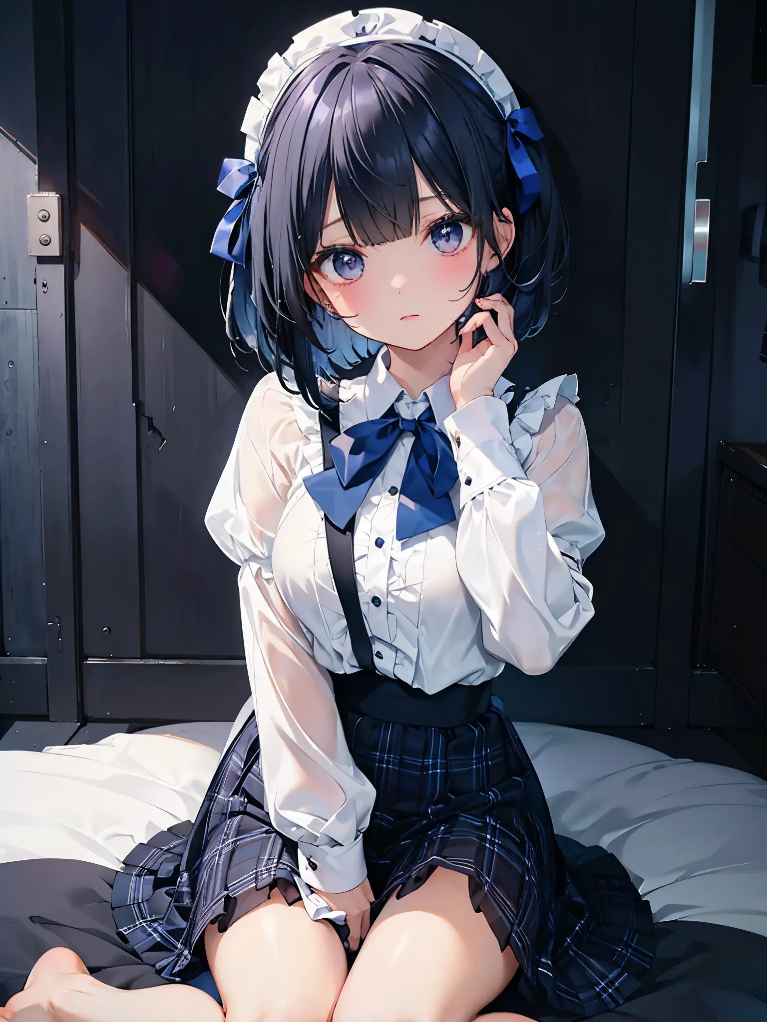 1 girl、uniform、white shirt、Dark blue ribbon、The ribbon is white striped、Dark blue checked skirt、frills、beautiful legs、black hair...