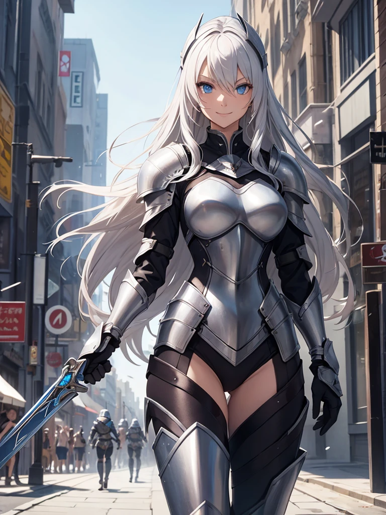 Female knight, leotard armor, long silver hair, blue eyes, smiling - SeaArt  AI