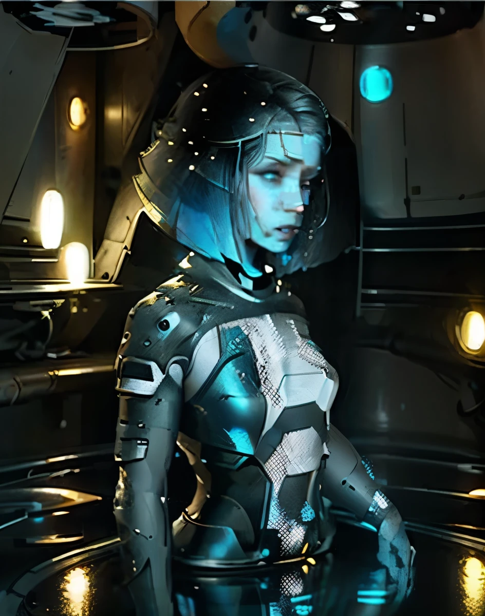 A hologram of a young woman, floating in a large octagonal room covered in wires and tubes, deep piercing eyes, transparent, short hair flowing, beautiful woman, glowing blue, very glowy, blue hologram 