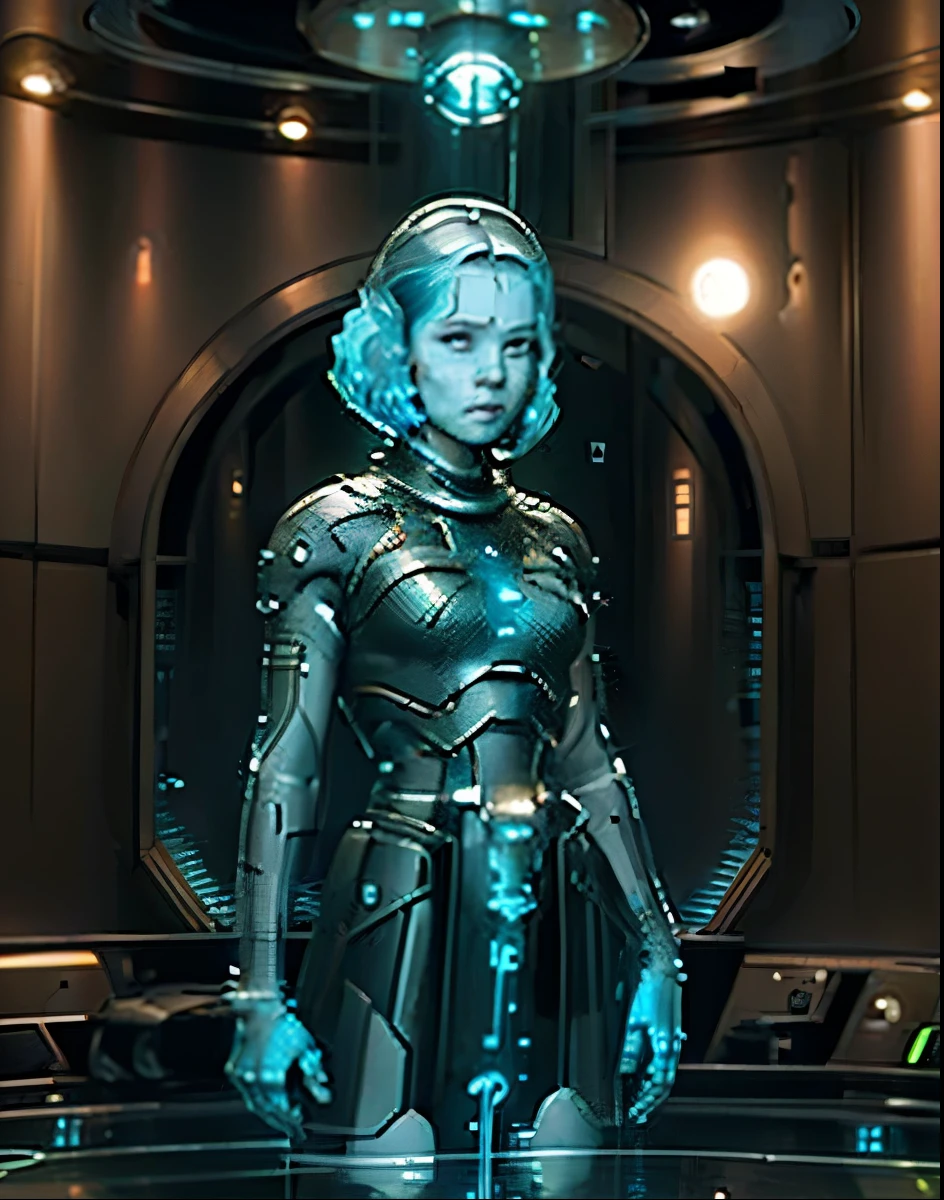A hologram of a young woman, floating in a large octagonal room, room is filled with wires and tubes, deep piercing eyes, transparent, short hair flowing, beautiful woman, glowing blue, looking violently 