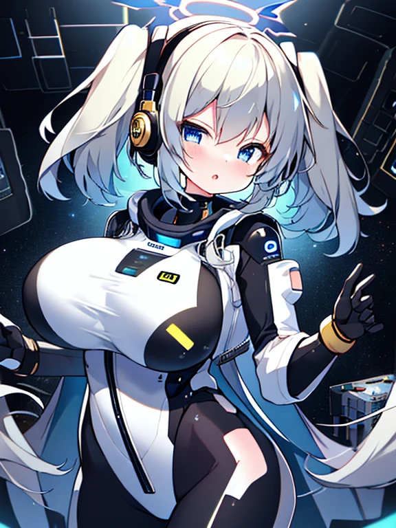 very detailed、masterpiece、high quality、one high school girl、12 years old、Loli、(black and white space suit、accent)、front zipper、(Futuristic, Tight Fit Bodysuit)、headphone、Cyberpunk space station interior background、(colorful golden hair),ロングtwin tails, (blue eyes), change,twin tails,sassy change，cheey change，mesugaki,girl,天才girl、(big breast):1.0,(blush):1.1、halo、