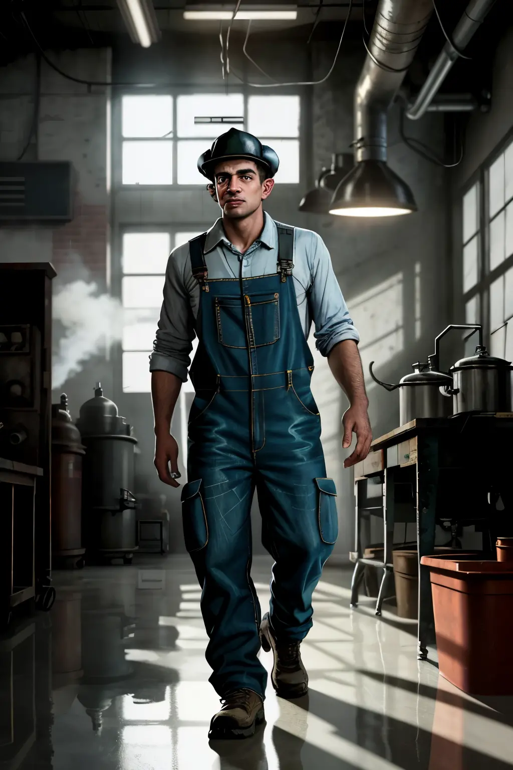 In a 1900s industrial space, a robust worker clad in grease-stained overalls and a battered hat stands before an intricately mac...