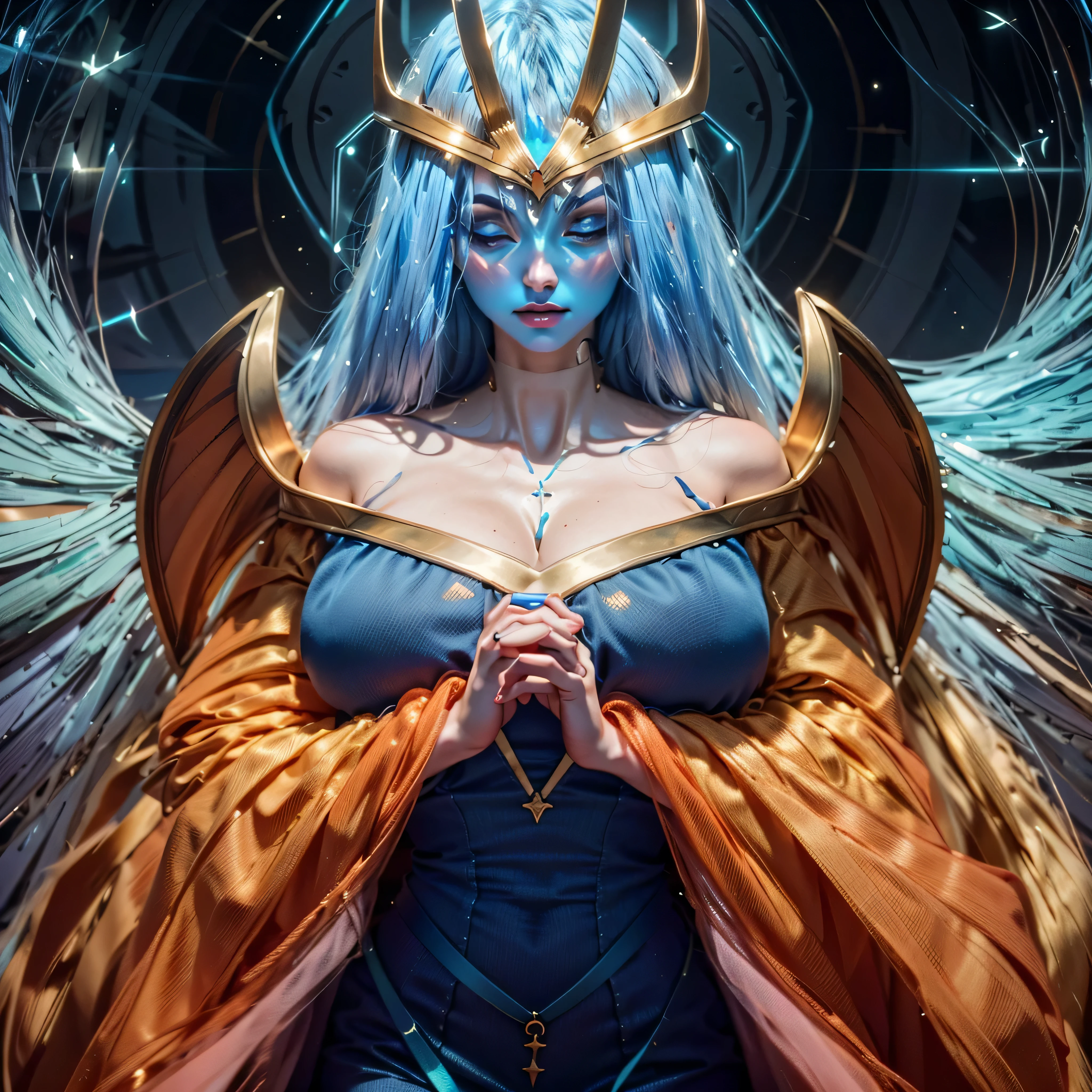 (8k, Foto RAW, best qualityer, senor:1.2), (Realistic, photo-Realistic:1.37) a cartoon image of a woman with long hair and a blue dress, enchantress, masterpiece goddess of sorrow, Nami, priestess, evil godess, high priestess, jellyfish priestess, mystical atlantean valkyrie, portrait knights of zodiac girl, knights of zodiac girl, enchantress, Vincent di Fate Nausicaa, bountiful breasts, big breasts, large breasted, HOT BREASTS, ((BLUE SKIN))