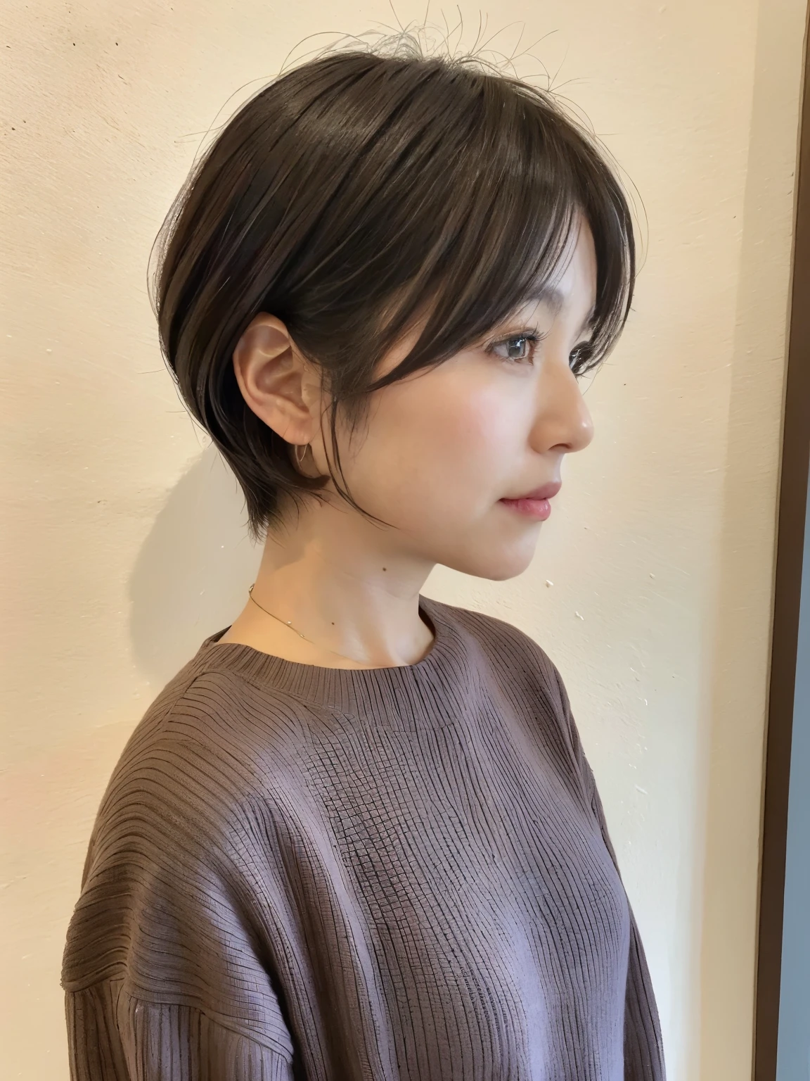 A woman with a short haircut wearing a sweater and a sweater - SeaArt AI