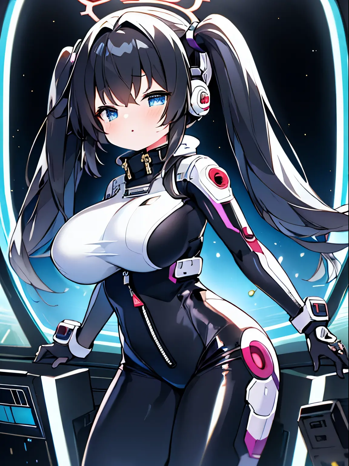 very detailed、masterpiece、high quality、one high school girl、12 years old、Loli、(black and white space suit、accent)、front zipper、(Futuristic, Tight Fit Bodysuit)、headphone、Cyberpunk space station interior background、(colorful golden hair),ロングtwin tails, (blu...