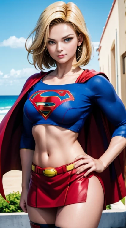 android 18, ( full body photo ), Supergirl Suit, red cape, Superman&#39;s S on the chest, blue swimsuit, Red skirt, red boots, (neckleace), short hair blonde, Breasts huge, Athletic body, big breasts very seductive, seductively pose, smiling, fluffly, muito fluffly, Ultra High Definition, master part, ultra high-quality, ultra detailing, 8K, at beach, pose sexy