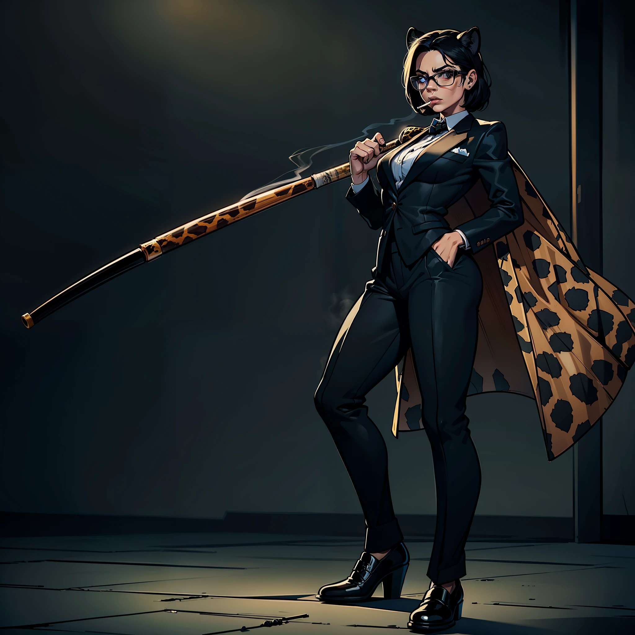 (masterpiece), (best quality), (ultra-detail), (masterpiece), (best quality), dark lighting, 1female, (solo focused), (solo), gangster, athletic, smoking, scars on face, menacing, wearing a black suit, full body, carrying weapons, holding a baseball bat, standing, looking at viewer, leopard-print coat, dark-rimmed sunglasses 