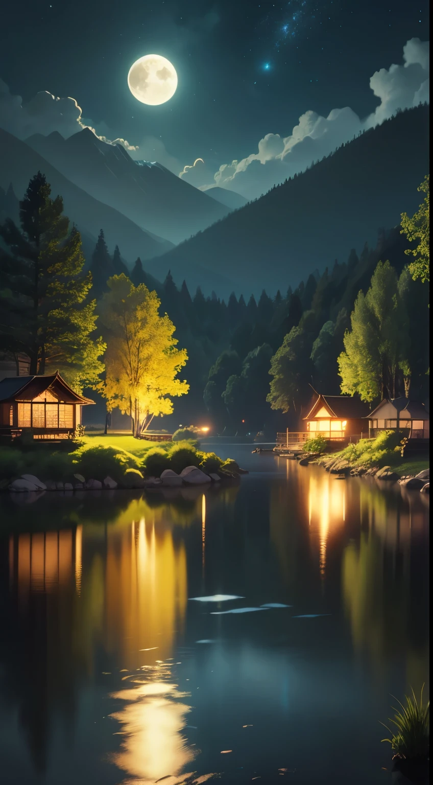 night scene with some house asian, vietnam, viet nam, ha giang, moon, lake in the foreground, calm night, green and blue, digital illustration, 4k highly detailed digital art, night scenery, anime art wallpaper 4k, anime art wallpaper 4 k, 4k detailed digital art, nighttime nature landscape, anime art wallpaper 8 k, background artwork, beautiful art uhd 4 k, 4 k hd illustrative wallpaper