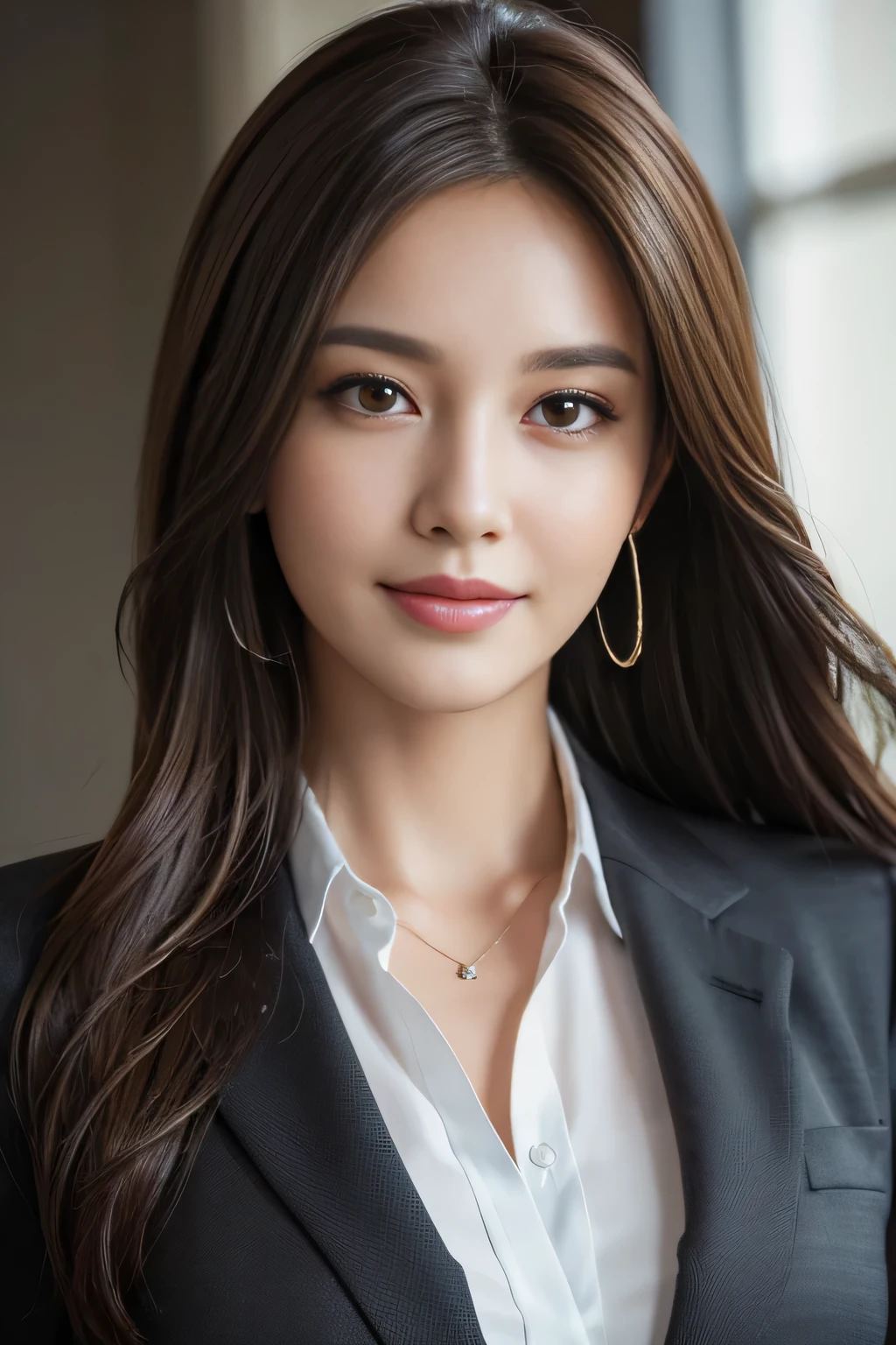 table top, highest quality, realistic, Super detailed, finely, High resolution, 8k wallpaper, 1 beautiful woman,, light brown messy hair, wearing a business suit, sharp focus, perfect dynamic composition, beautiful and detailed eyes, thin hair, Detailed realistic skin texture, smile, close-up portrait, model body shape