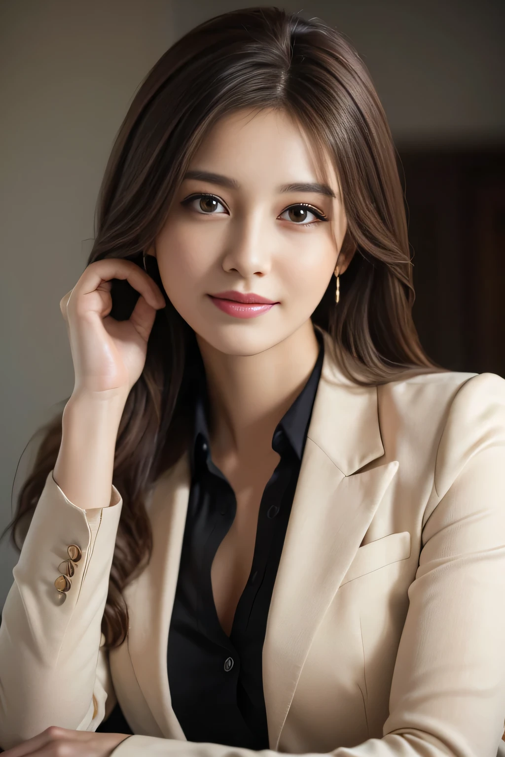 table top, highest quality, realistic, Super detailed, finely, High resolution, 8k wallpaper, 1 beautiful woman,, light brown messy hair, wearing a business suit, sharp focus, perfect dynamic composition, beautiful and detailed eyes, thin hair, Detailed realistic skin texture, smile, close-up portrait, model body shape