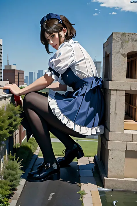 Giantの芸術, 非常に詳細なGiantショット, Giant, short hair, black pantyhose, A maid that is much bigger than a skyscraper, wearing rimless gla...