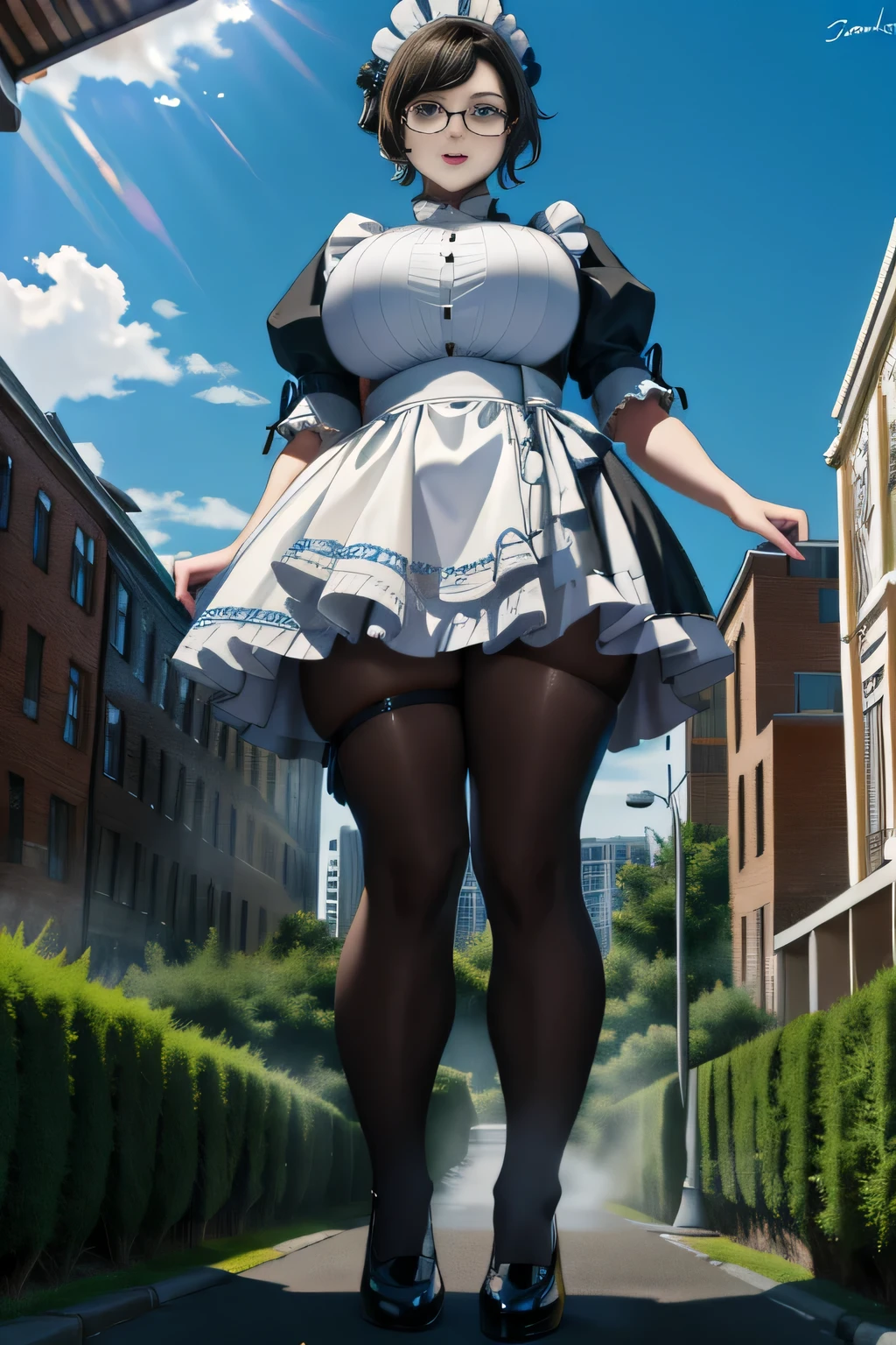 Giant&#39;s Art, Highly detailed Giant shot, Giant, short hair, black pantyhose, A maid that is much bigger than a skyscraper, wearing rimless glasses, big breasts, BIG ASS, navy maid uniform, black pantyhose, black shoes, very small metropolis, miniature metropolis, full body description, ＧＴＳ, Giga Giant, Stomping City, crash city, Small town, micro city, maid, 