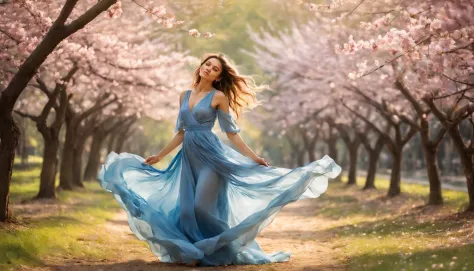 girl "jessica alba" with blue long dress,scattered cloth,full body,under sakura trees,illustration,textured,detailed,sunlight fi...