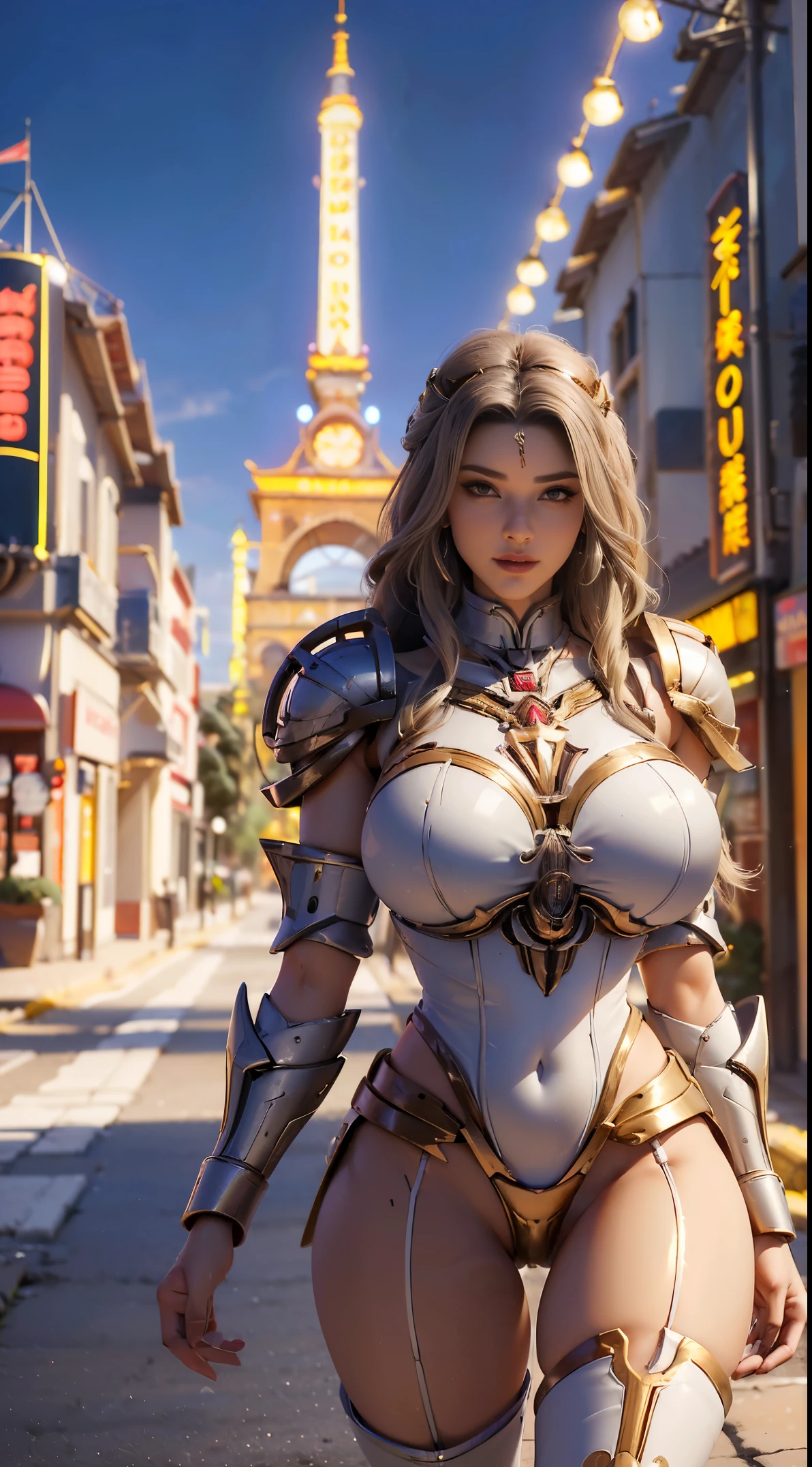 1 girl, Alone, (White long hair), (Huge fake tits:1.3), (GUARD ARM, glove), immortal, (White, red, air, FUTURISTIC MECHA ARMOR SUIT, Cape Royal, neckline:1.5), (skin tight yoga pants, high heels:1.2), (GLAMOROUS BODY NSFW, long sexy legs, whole body:1.3), (FROM THE FRONT, looking at the viewer:1), (WALKING DOWN THE NIGHT CITY STREET:1.3), physically based rendering, ultra high definition, 8k, 1080P.