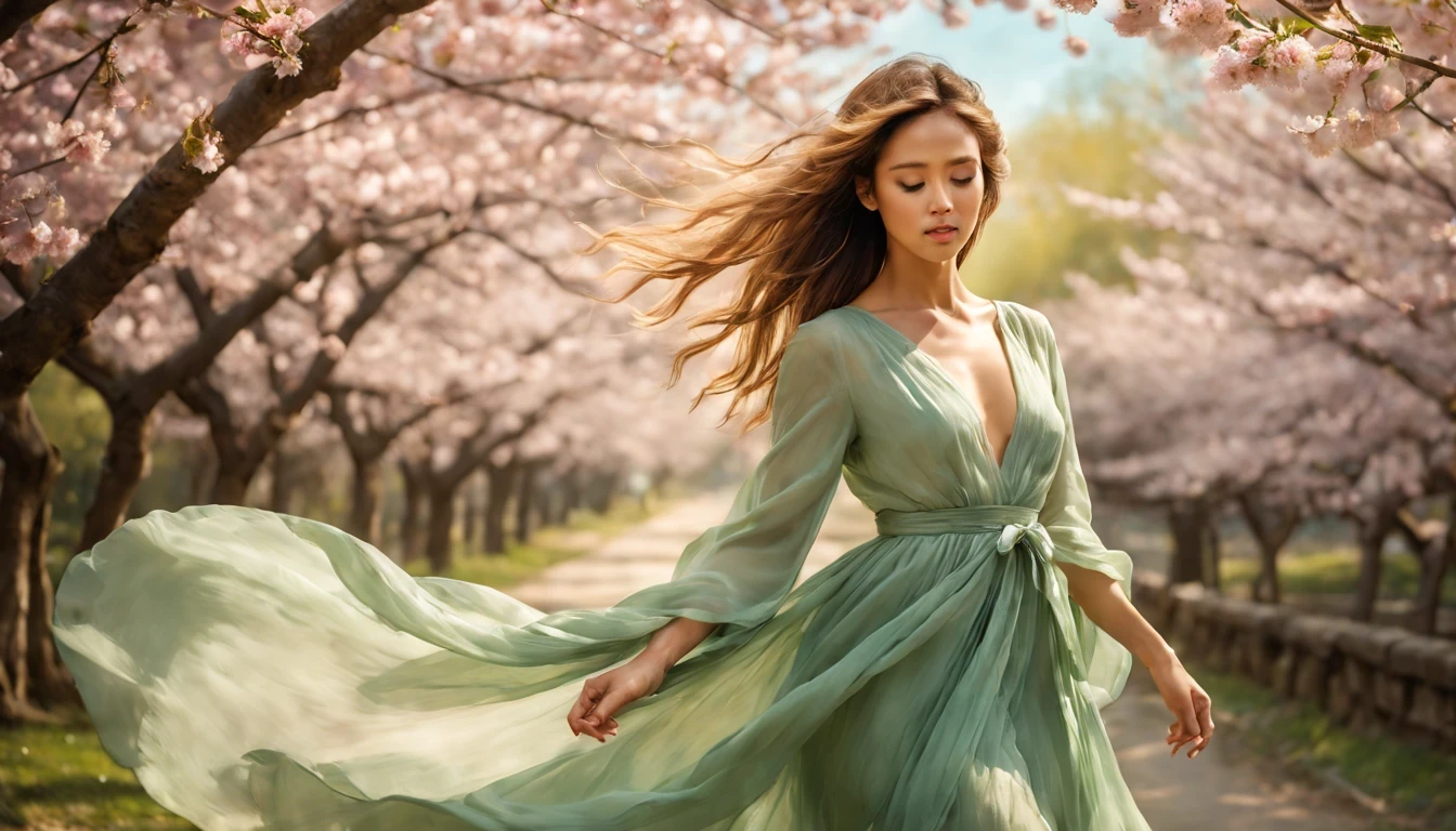 chica "Jessica Alba" con un vestido largo verde,tela dispersa,cuerpo completo,Bajo árboles de sakura,ilustración,texturizado,detallado,La luz del sol se filtra a través de las ramas,Colores vibrantes,enfoque suave,viento soplando su cabello,Atmósfera pacífica,paleta de colores cálidos,sombras sutiles,sensación mágica,delicadas flores de cerezo,cielo azul brillante,Luz solar que se desvanece,espíritus juguetones bailando alrededor,pétalos de cerezo borrosos,expresión serena en su rostro,tela aireada que fluye en el viento,gradientes y sombras sutiles,belleza etérea,ambiente romántico,Postura serena y elegante,delicados pétalos de cerezo cayendo a su alrededor