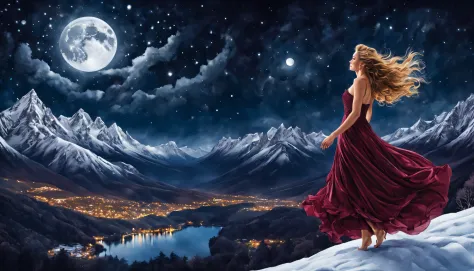Graceful and fluttering nymph, "Claire Forlan com vestido Vinho longo", caminhando a noite, and with a night sky with moon over snowy mountains　The stars are beautiful
