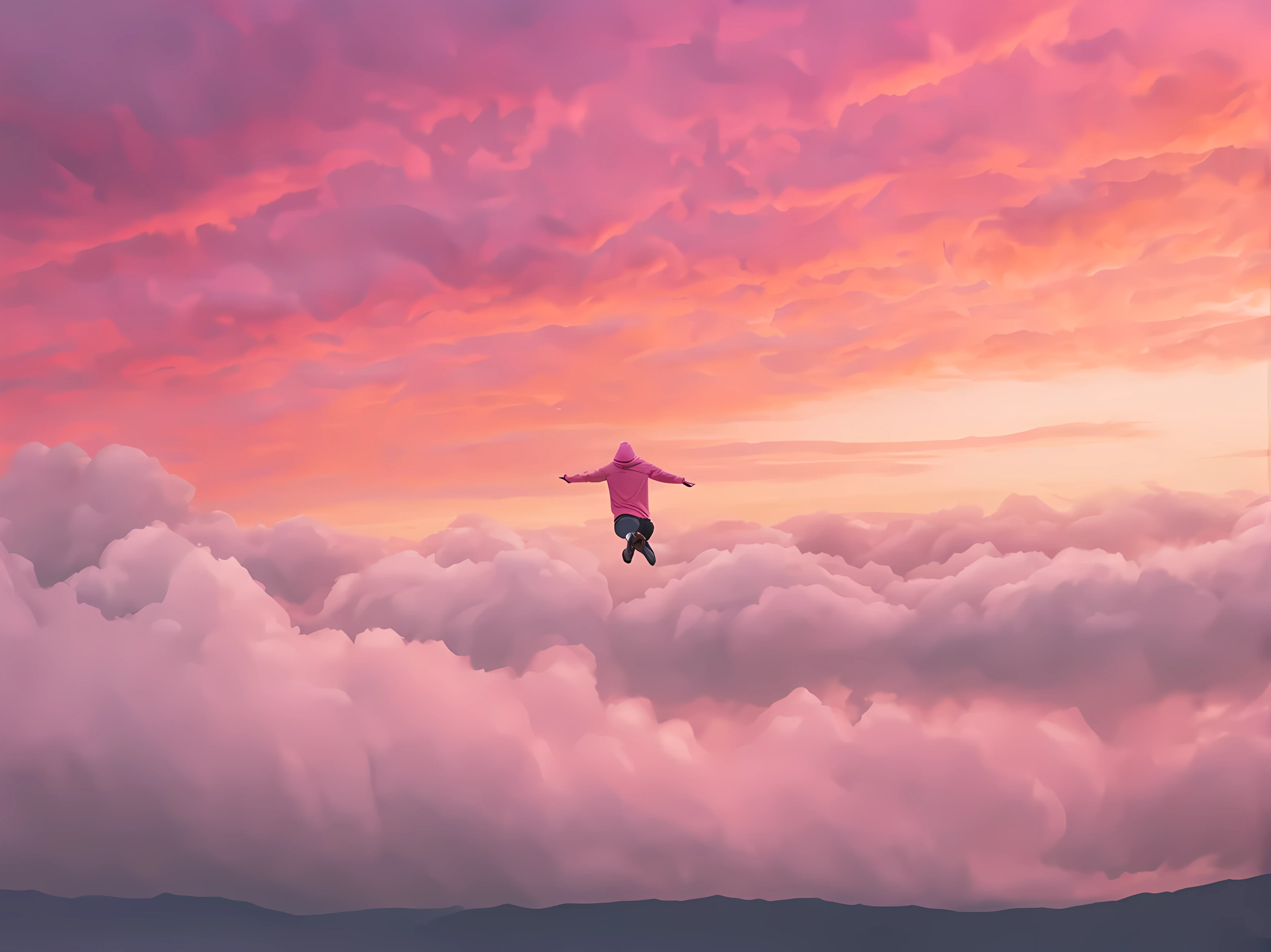 ein Landschaftsbild eines Mannes, der anmutig und horizontal durch die Wolken fliegt, mit ausgestreckten Armen von der Kamera weggleiten. Er trägt ein rosa Kapuzenpullover, Jeans und Turnschuhe, durch einen wolkigen Traum fliegen. Man kann sein Gesicht nicht sehen, er ist auf der linken Seite des Bildes zu sehen. sommer sonnenuntergang himmel, mit vielen dichten Wolken. Vor dem gewaltigen Himmel im Hintergrund sieht er klein aus, rosa und oranges Licht. Szene aus einem Traum