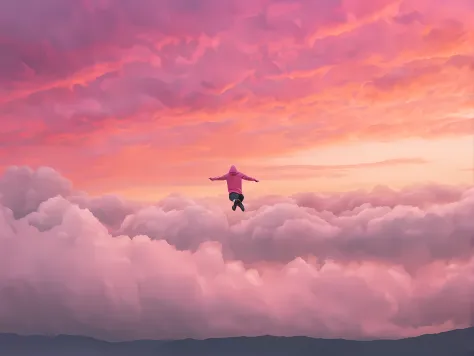 a landscape picture of man flying gracefully through the clouds horizontally, gliding away from the camera arms outstretched. He...