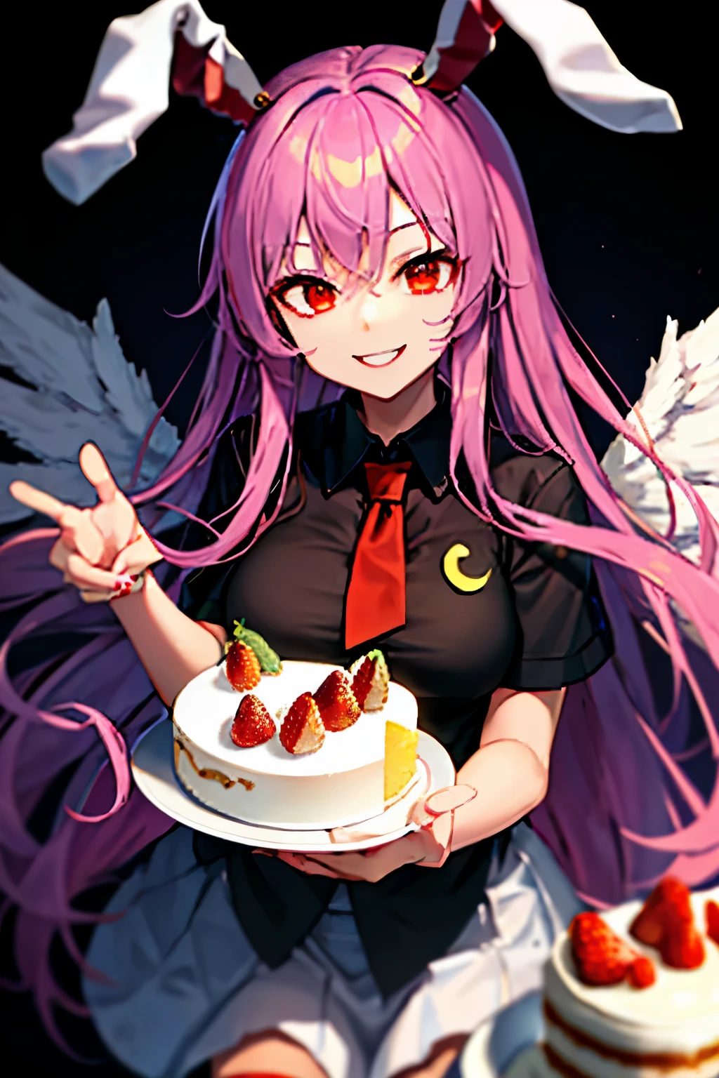 "(best quality,highres:1.2),reisen_udongein_inaba_touhou,angel wings long black wings,glowing,holy,edgy,smiling,fully clothed,handing a slice of cake down,cake slice,whipped cream,strawberry"