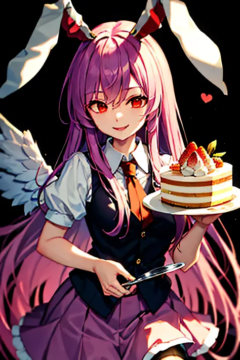 "(best quality,highres:1.2),reisen_udongein_inaba_touhou,angel wings long black wings,glowing,holy,edgy,smiling,fully clothed,handing a slice of cake down,cake slice,whipped cream,strawberry"