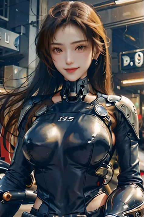 ((Perfectly beautiful woman))、Detailed Motorcycle、Human face and neck, cyborg body、Stand beside the motorcycle、smile、The background is a gas station