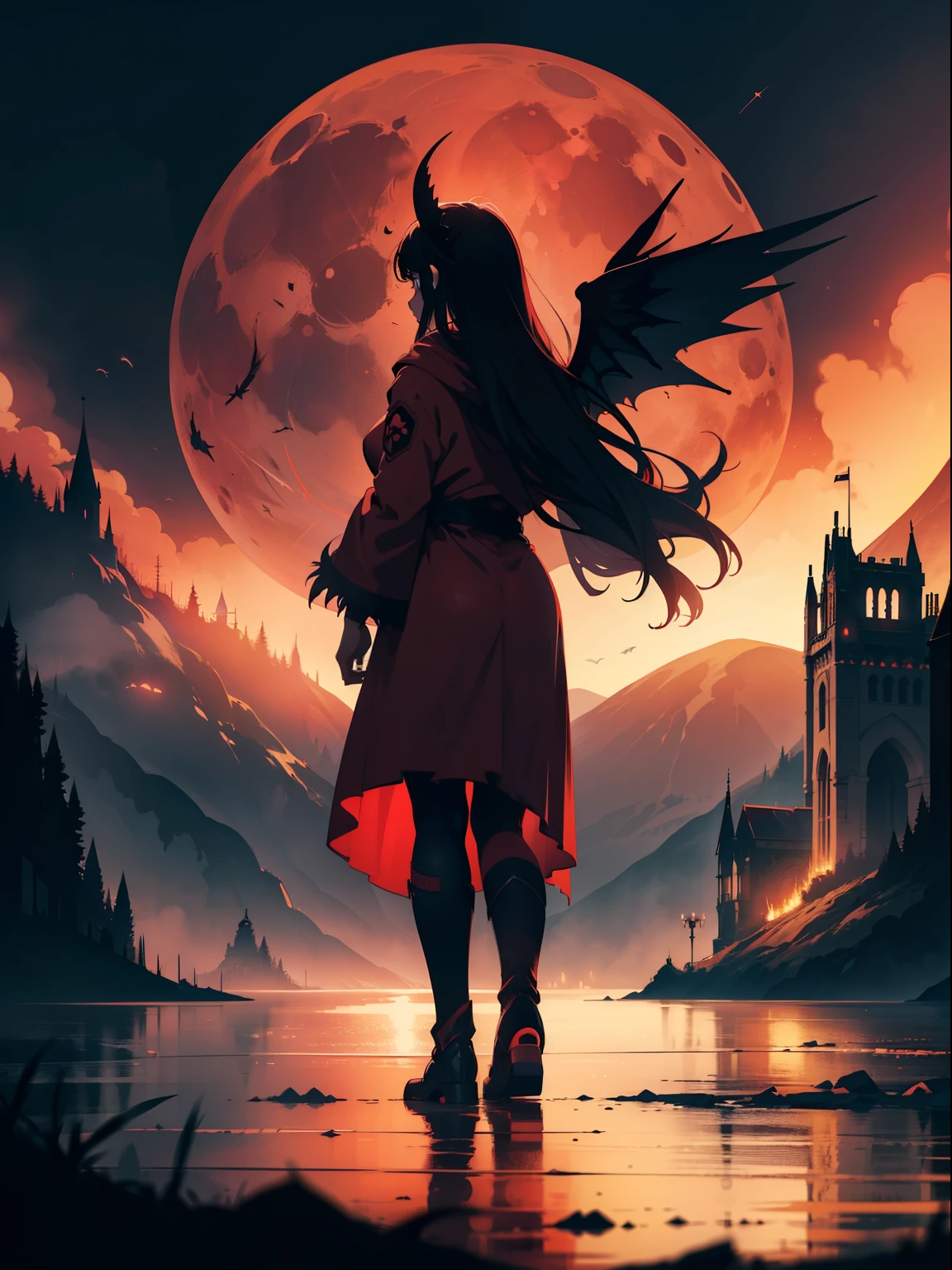 illustration, dark theme, (red moon:1. 2), (night, fog, dystopia, lake, burning hell, despair), long hair, huge wings, robe, legwear, boot, (from away:1. 05), far, wide shot, 16k, UHD, HDR, (Masterpiece:1. 5), (best quality:1. 5),