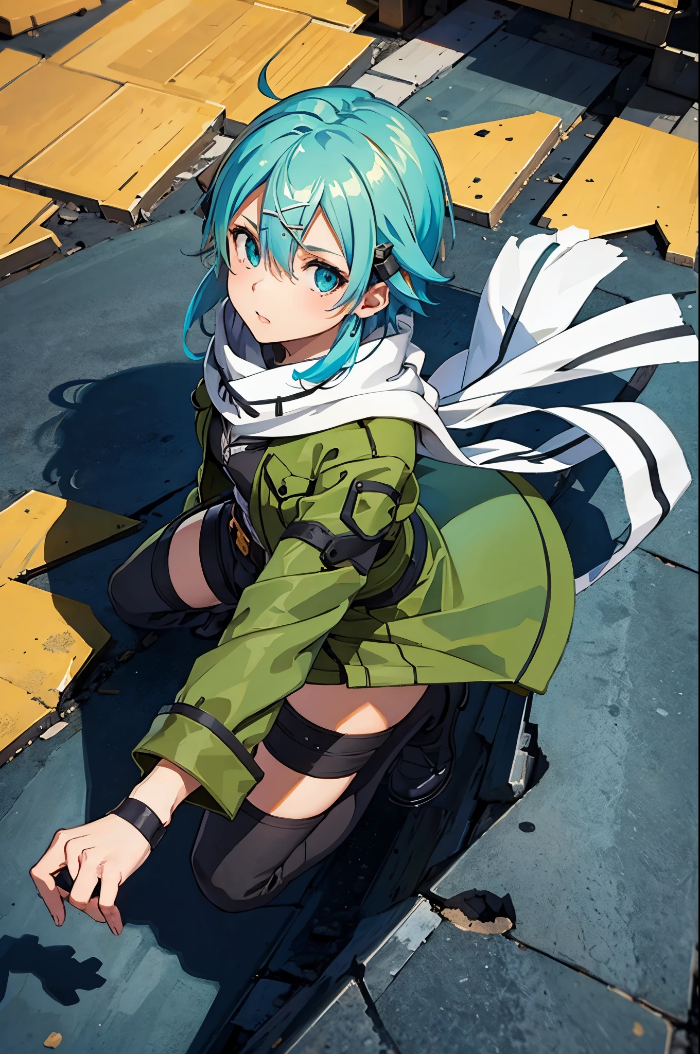 (masterpiece), best quality, expressive eyes, perfect face, highres, sinon1, scarf, fingerless gloves, long sleeves, short shorts, hair ornament, hairclip, green thighhighs, green jacket, thigh strap, field, ruins background, ruined structures, standing, portrait,  looking at the viewer, (from above:2)