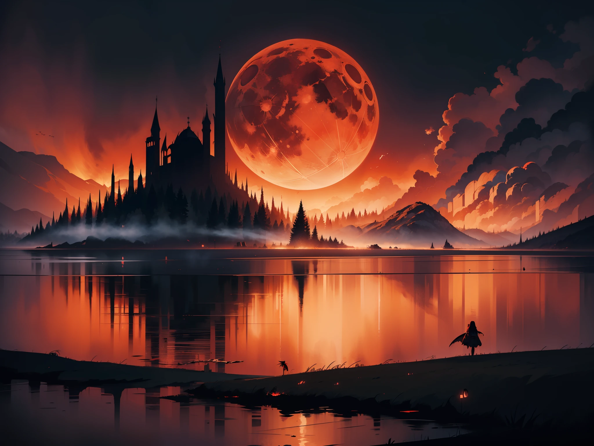 illustration, dark theme, (red moon:1. 2), (night, fog, dystopia, lake, burning hell, despair), long hair, huge wings, robe, legwear, boot, (from away:1. 05), far, wide shot, 16k, UHD, HDR, (Masterpiece:1. 5), (best quality:1. 5),