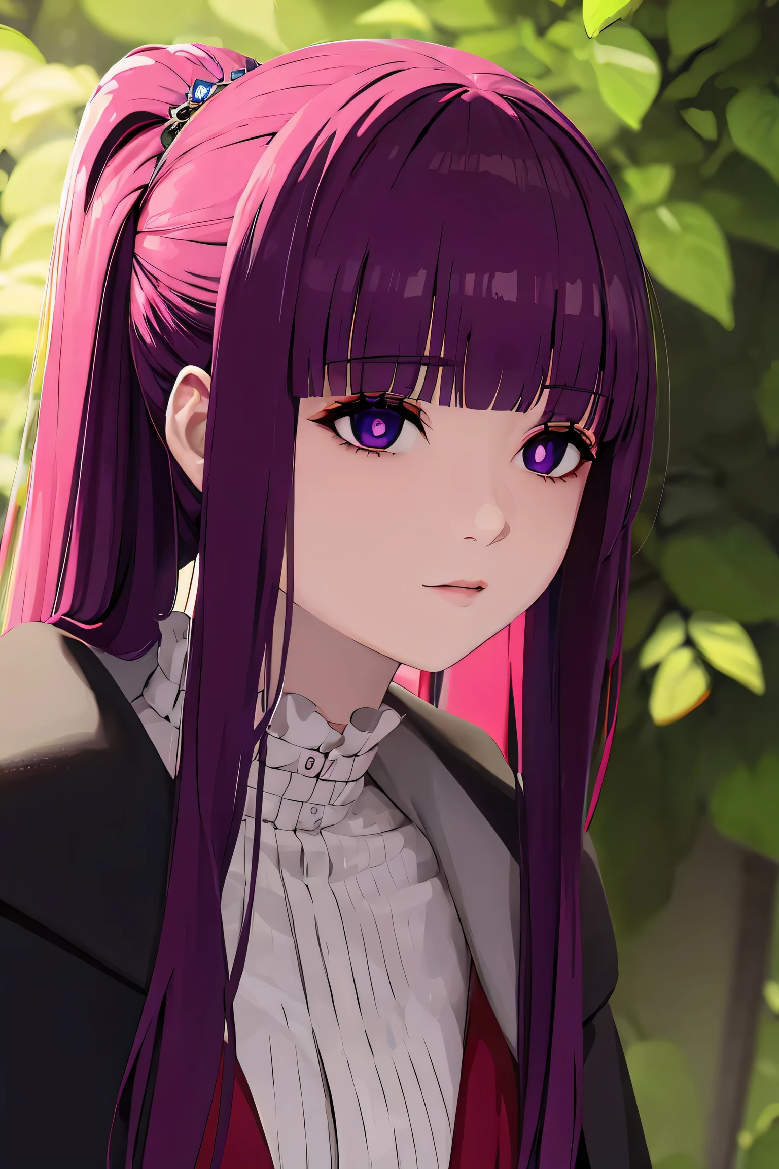 fern, long hair, bangs, (purple eyes:1.1), purple hair, sidelocks, blunt bangs, (bright pupils:1.5), half updo, BREAK red dress with a red cape, BREAK looking at viewer,standing,hands in pockets, BREAK outdoors, BREAK (masterpiece:1.2), best quality, high resolution, unity 8k wallpaper, (illustration:0.8), (beautiful detailed eyes:1.6), extremely detailed face, perfect lighting, extremely detailed CG, (perfect hands, perfect anatomy),