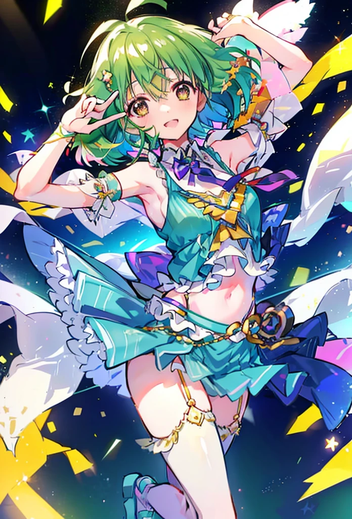 (anime:1.1), highest quality, table top,
1 girl, Lanka Lee,macross frontier　Lanka Lee, green hair, short hair、bob hair,small breasts, blue eyes, mature woman,  looking at the viewer, smile，Stage Performance, hot air，Idol style green kimono,white knee high socks，jumping,，アイドルsinger standing in the center of the stage，アイドルsinger holding a microphone and singing， アイドルsinger&#39;serious and powerful expression. singer&#39;&#39;&#39;s voice is powerful and beautiful，fans gather around the stage， ファンはアイドルsingerと一緒に歌ったり踊ったりしています