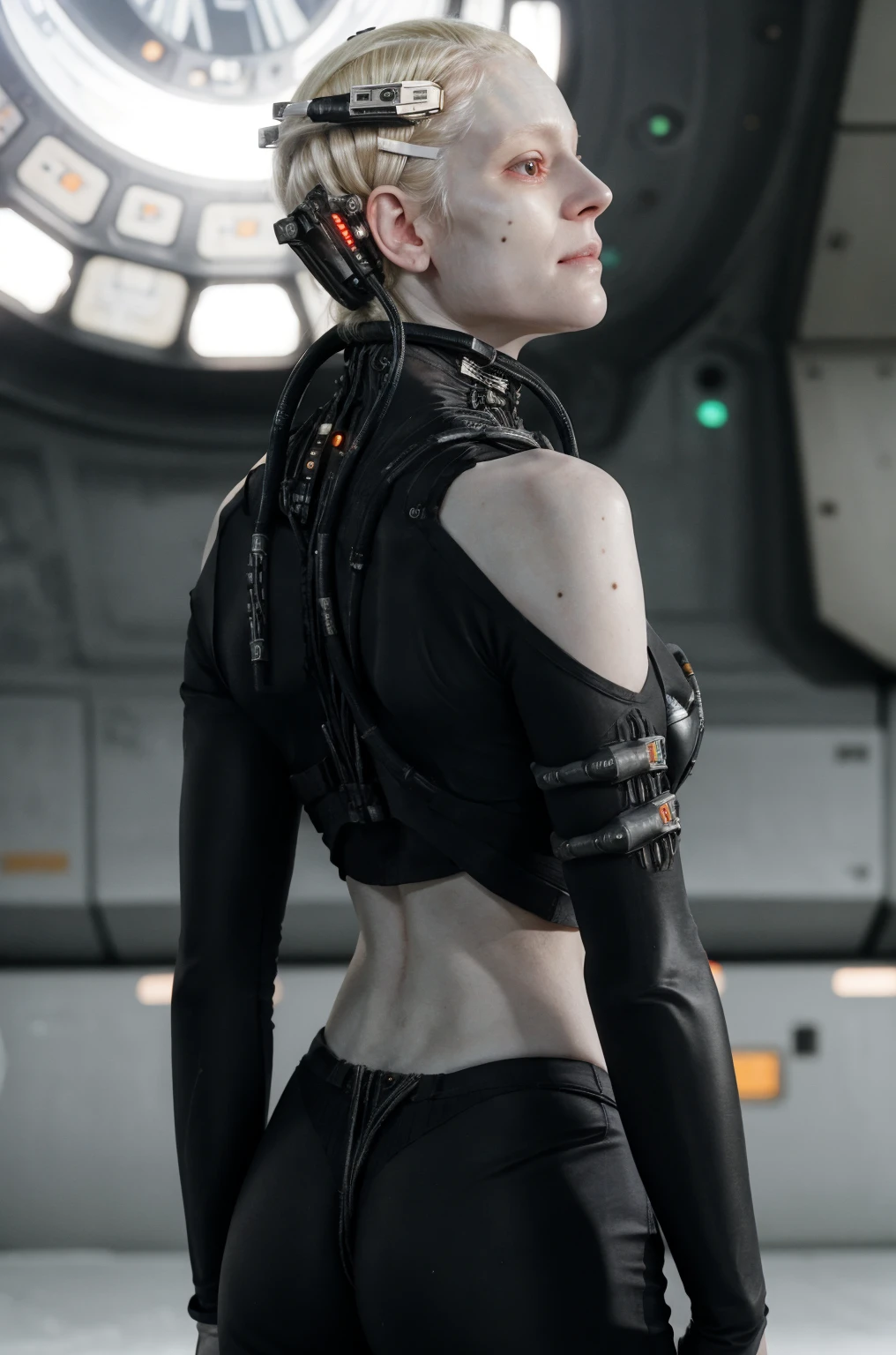 borg woman casey, (cable:1.4), 

[(pale white:.1) (Natural:1) (skin:1.3)::8]
[[(Natural:1.1) (pale white:.9) (skin:1.3):8]::16]
[(Natural:1) (pale white:1.3) (skin:1.3):16]
 [(with:.01) (beauty_marks:.01):6], 

[bald:(long light blonde hair:1.2):16], [albino Nordic:8],
Back view, 
(Medium shot:1.4), sexy (cyborg:.05) (cybernetic:.1) (implants:.1), (cyborg:.1) (cybernetic:1.1) (bikini:1), 

young,   front light, well lit, outdoors, arctic ice tundra, [space station base:6], sunny, fit, [led lights, laser lights:4], detailed skin,  photograph, detailed, high resolution, RAW photo, in frame, 

[BREAK:8] 
[(many beauty_marks and:.01) (many light moles on her skin:1. 5):8], 

[BREAK (light brown moles:.1):12]