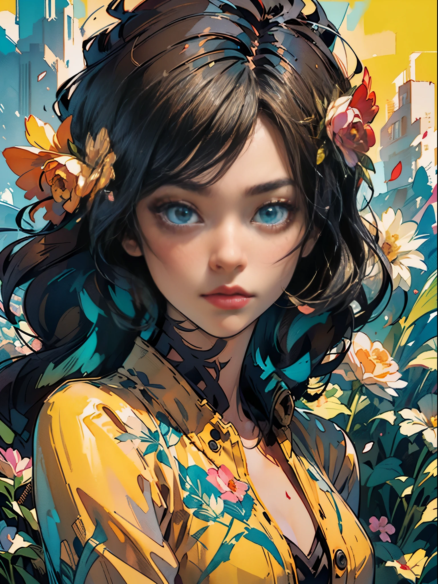 photo, digital illustration, comic style, perfect anatomy, centered, approaching perfection, dynamic, highly detailed, watercolor painting, artstation, concept art, smooth, sharp focus, illustration, alone anime girl with a medium length pose, yellow jumpsuit with black stripes, short pastel hair with hime cut and bangs, perfect anatomy, centered, smeglejonesjj, approaching perfection, dynamic, highly detailed, lightningwave, trending on artstation, 8k, masterpiece, graffiti paint, fine detail, full of color, intricate detail, golden ratio illustration, monochromatic green background, masterpiece, high resolution fix, bright amazing lighting, ((solo)), ( detailed eyes and detailed face:1.3), (beautiful and clear background:1.2), (extremely detailed, ultra-detailed, best shadow:1.1), flowers and petals, (extremely fine and beautiful girl:1.1), (perfect details:1.1) fantastic paintings graffiti style,  black with straight hair and flowers, black relief around the design, fine detail, expressive, dark contrast, --ar 16:9 --q 2 --s 500 --v 5.1 --style raw --c 100