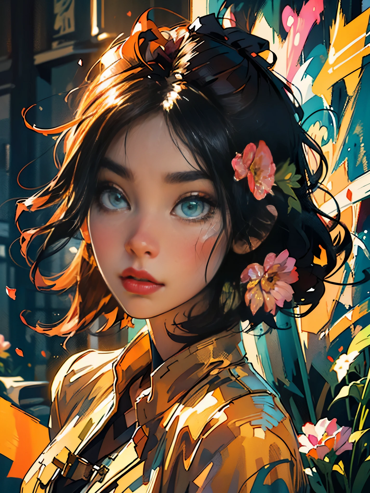 Upper body photo, digital illustration, comic style, perfect anatomy, centered, approaching perfection, dynamic, highly detailed, watercolor painting, artstation, concept art, smooth, sharp focus, illustration, alone anime girl with a medium length pose, yellow jumpsuit with black stripes, short pastel hair with hime cut and bangs, perfect anatomy, centered, smeglejonesjj, approaching perfection, dynamic, highly detailed, lightningwave, trending on artstation, 8k, masterpiece, graffiti paint, fine detail, full of color, intricate detail, golden ratio illustration, monochromatic green background, masterpiece, high resolution fix, bright amazing lighting, ((solo)), ( detailed eyes and detailed face:1.3), (beautiful and clear background:1.2), (extremely detailed, ultra-detailed, best shadow:1.1), flowers and petals, (extremely fine and beautiful girl:1.1), (perfect details:1.1) fantastic paintings graffiti style,  black with straight hair and flowers, black relief around the design, fine detail, expressive, dark contrast, --ar 16:9 --q 2 --s 500 --v 5.1 --style raw --c 100