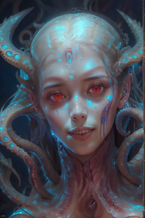 scary and sexy detailed art in color, portrait, (beautiful and obscene female alien:1.4), (vulgarity1.7), (she has red eyes with...