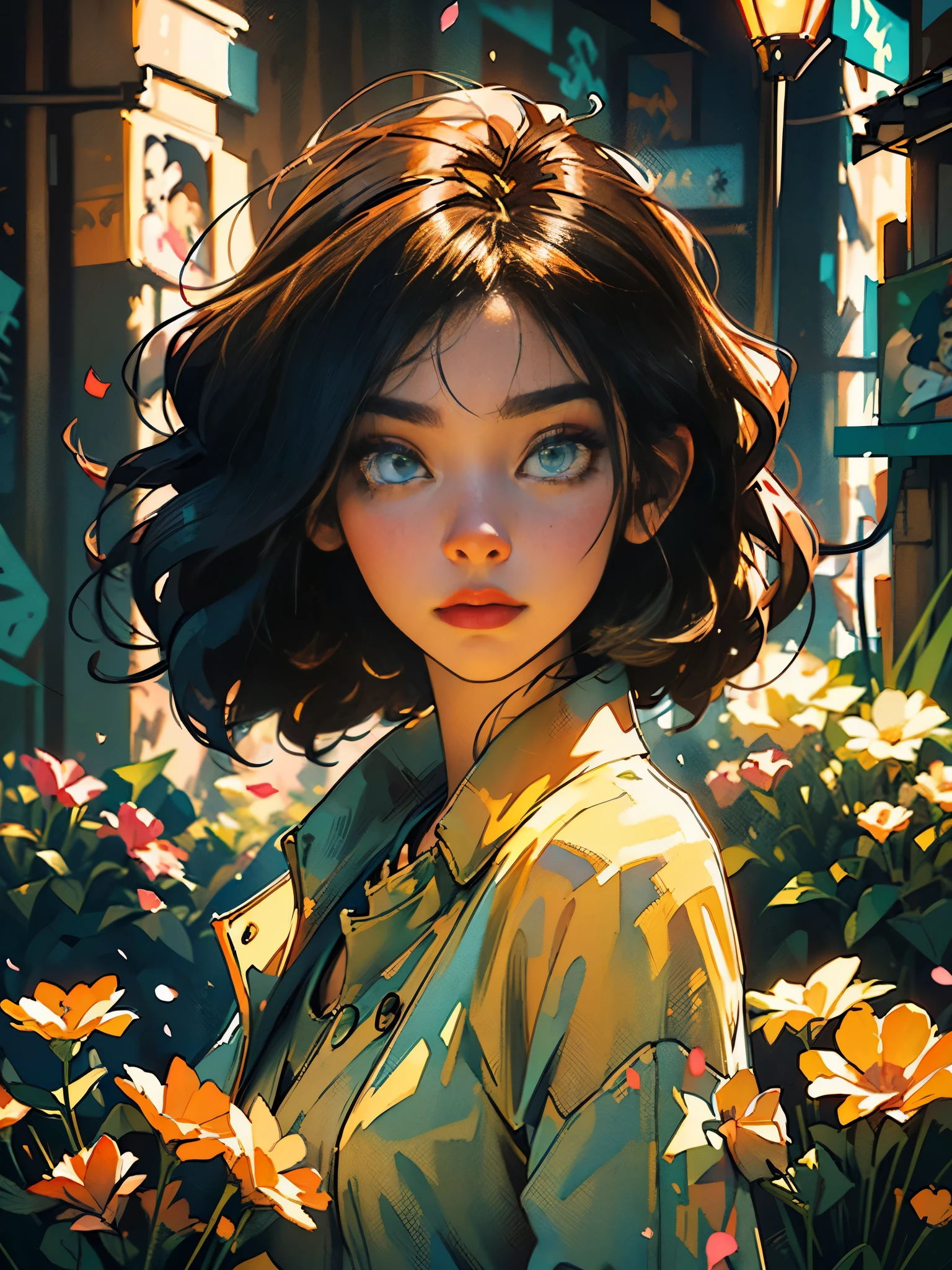 full body photo, digital illustration, comic style, perfect anatomy, centered, approaching perfection, dynamic, highly detailed, watercolor painting, artstation, concept art, smooth, sharp focus, illustration, alone anime girl with a medium length pose, yellow jumpsuit with black stripes, short pastel hair with hime cut and bangs, perfect anatomy, centered, smeglejonesjj, approaching perfection, dynamic, highly detailed, lightningwave, trending on artstation, 8k, masterpiece, graffiti paint, fine detail, full of color, intricate detail, golden ratio illustration, monochromatic green background, masterpiece, high resolution fix, bright amazing lighting, ((solo)), ( detailed eyes and detailed face:1.3), (beautiful and clear background:1.2), (extremely detailed, ultra-detailed, best shadow:1.1), flowers and petals, (extremely fine and beautiful girl:1.1), (perfect details:1.1) fantastic paintings graffiti style,  black with straight hair and flowers, black relief around the design, fine detail, expressive, dark contrast, --ar 16:9 --q 2 --s 500 --v 5.1 --style raw --c 100