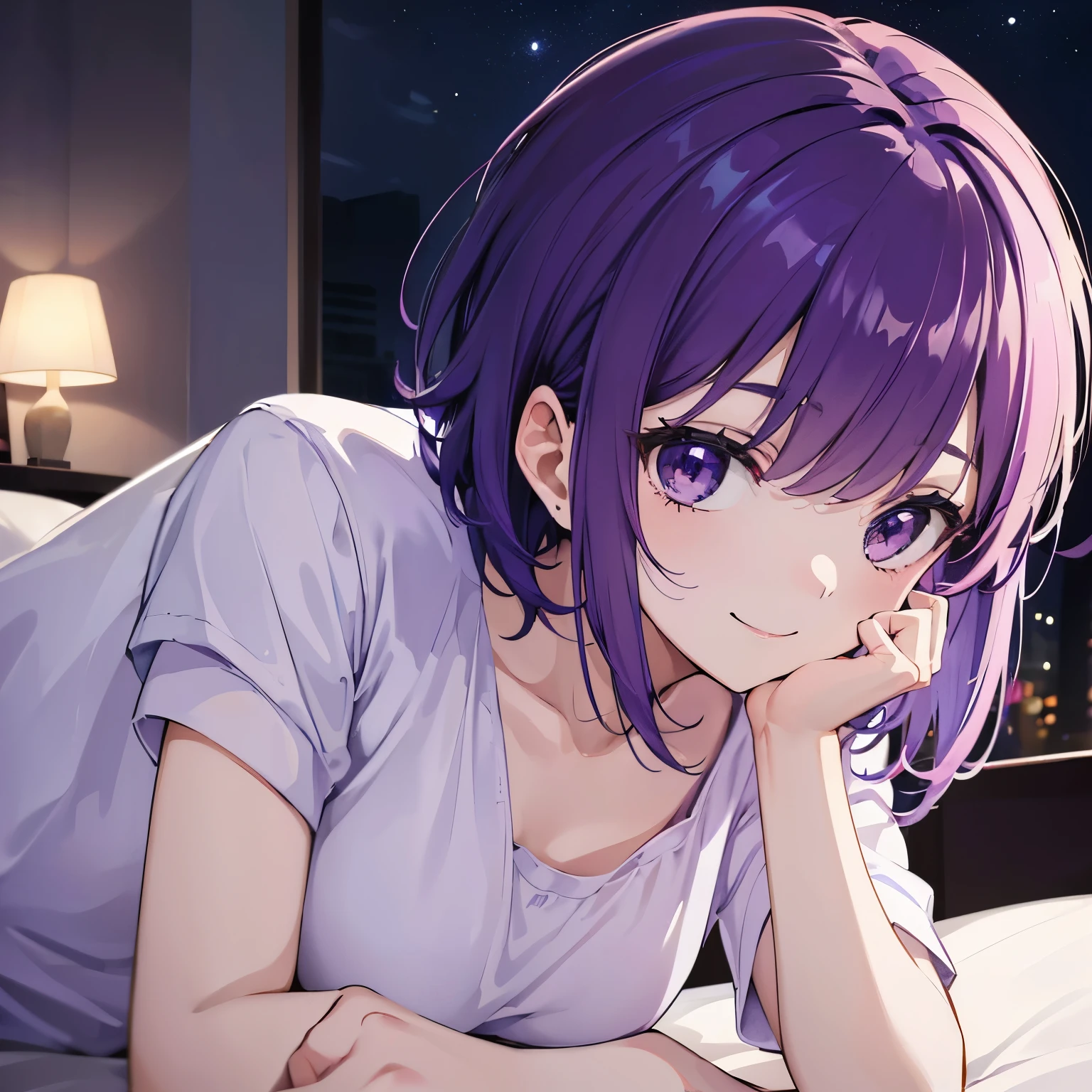 Chica anime acostada en la cama con cabello morado y ojos cerrados. -  SeaArt AI