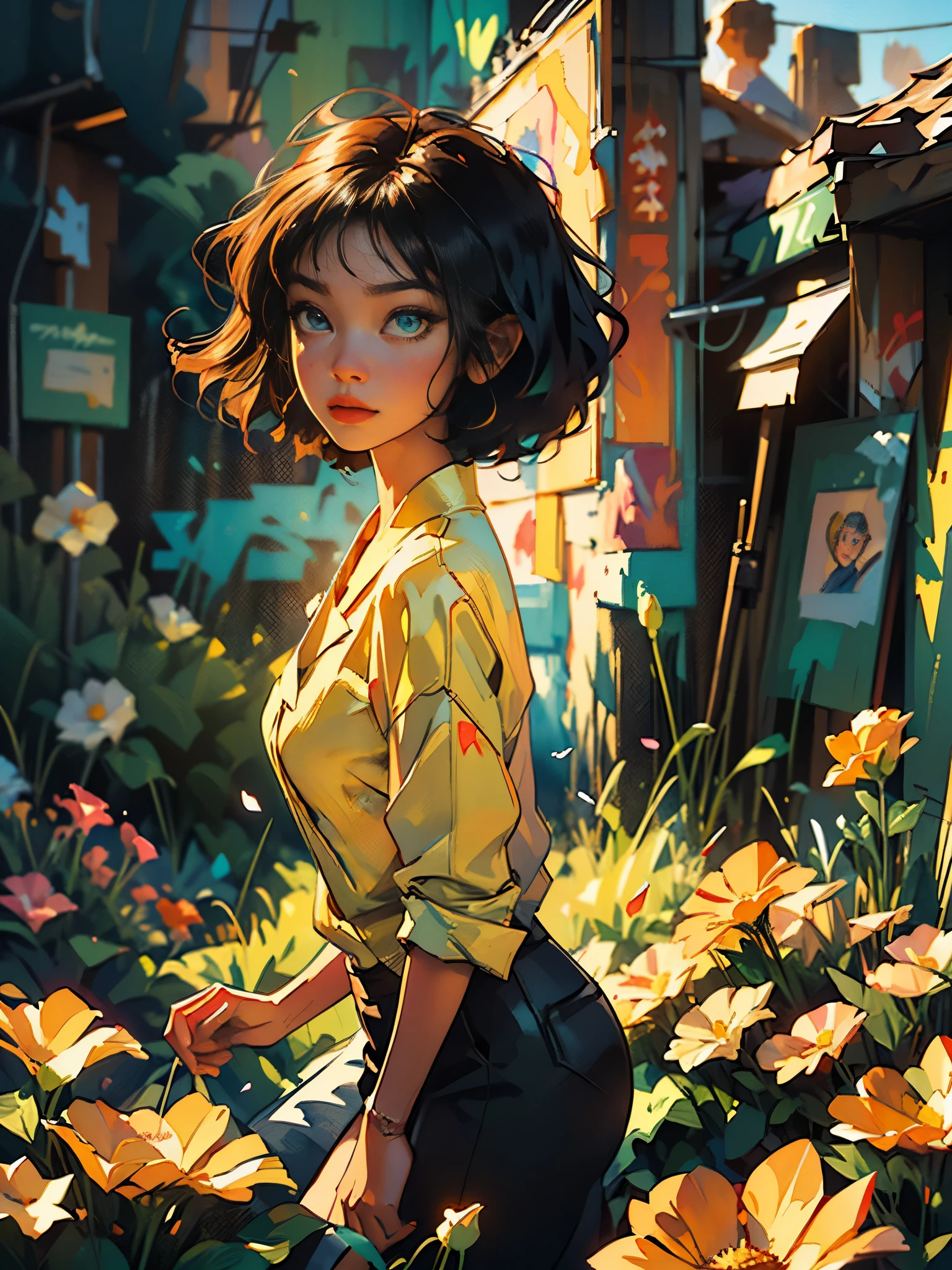 full body photo, digital illustration, comic style, perfect anatomy, centered, approaching perfection, dynamic, highly detailed, watercolor painting, artstation, concept art, smooth, sharp focus, illustration, alone anime girl with a medium length pose, Bruce Lee yellow jumpsuit with black stripes, short pastel hair with hime cut and bangs, perfect anatomy, centered, smeglejonesjj, approaching perfection, dynamic, highly detailed, lightningwave, trending on artstation, 8k, masterpiece, graffiti paint, fine detail, full of color, intricate detail, golden ratio illustration, monochromatic green background, masterpiece, high resolution fix, bright amazing lighting, ((solo)), ( detailed eyes and detailed face:1.3), (beautiful and clear background:1.2), (extremely detailed, ultra-detailed, best shadow:1.1), flowers and petals, (extremely fine and beautiful girl:1.1), (perfect details:1.1) fantastic paintings graffiti style,  black with straight hair and flowers, black relief around the design, fine detail, expressive, dark contrast, --ar 16:9 --q 2 --s 500 --v 5.1 --style raw --c 100