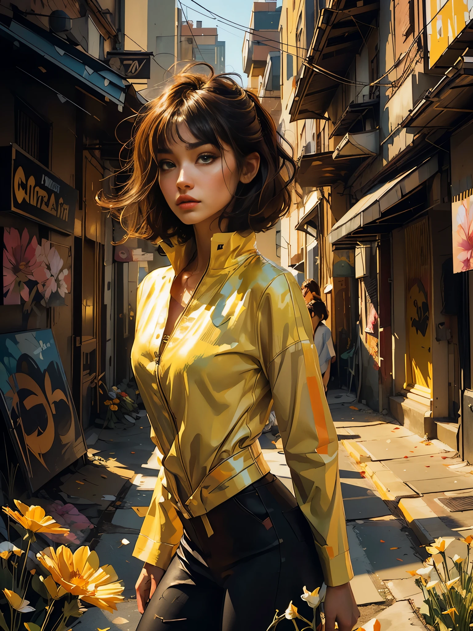 full body photo, digital illustration, comic style, perfect anatomy, centered, approaching perfection, dynamic, highly detailed, watercolor painting, artstation, concept art, smooth, sharp focus, illustration, alone anime girl with a medium length pose, Bruce Lee yellow jumpsuit with black stripes, short pastel hair with hime cut and bangs, perfect anatomy, centered, smeglejonesjj, approaching perfection, dynamic, highly detailed, lightningwave, trending on artstation, 8k, masterpiece, graffiti paint, fine detail, full of color, intricate detail, golden ratio illustration, monochromatic green background, masterpiece, high resolution fix, bright amazing lighting, ((solo)), ( detailed eyes and detailed face:1.3), (beautiful and clear background:1.2), (extremely detailed, ultra-detailed, best shadow:1.1), flowers and petals, (extremely fine and beautiful girl:1.1), (perfect details:1.1) fantastic paintings graffiti style,  black with straight hair and flowers, black relief around the design, fine detail, expressive, dark contrast, --ar 16:9 --q 2 --s 500 --v 5.1 --style raw --c 100