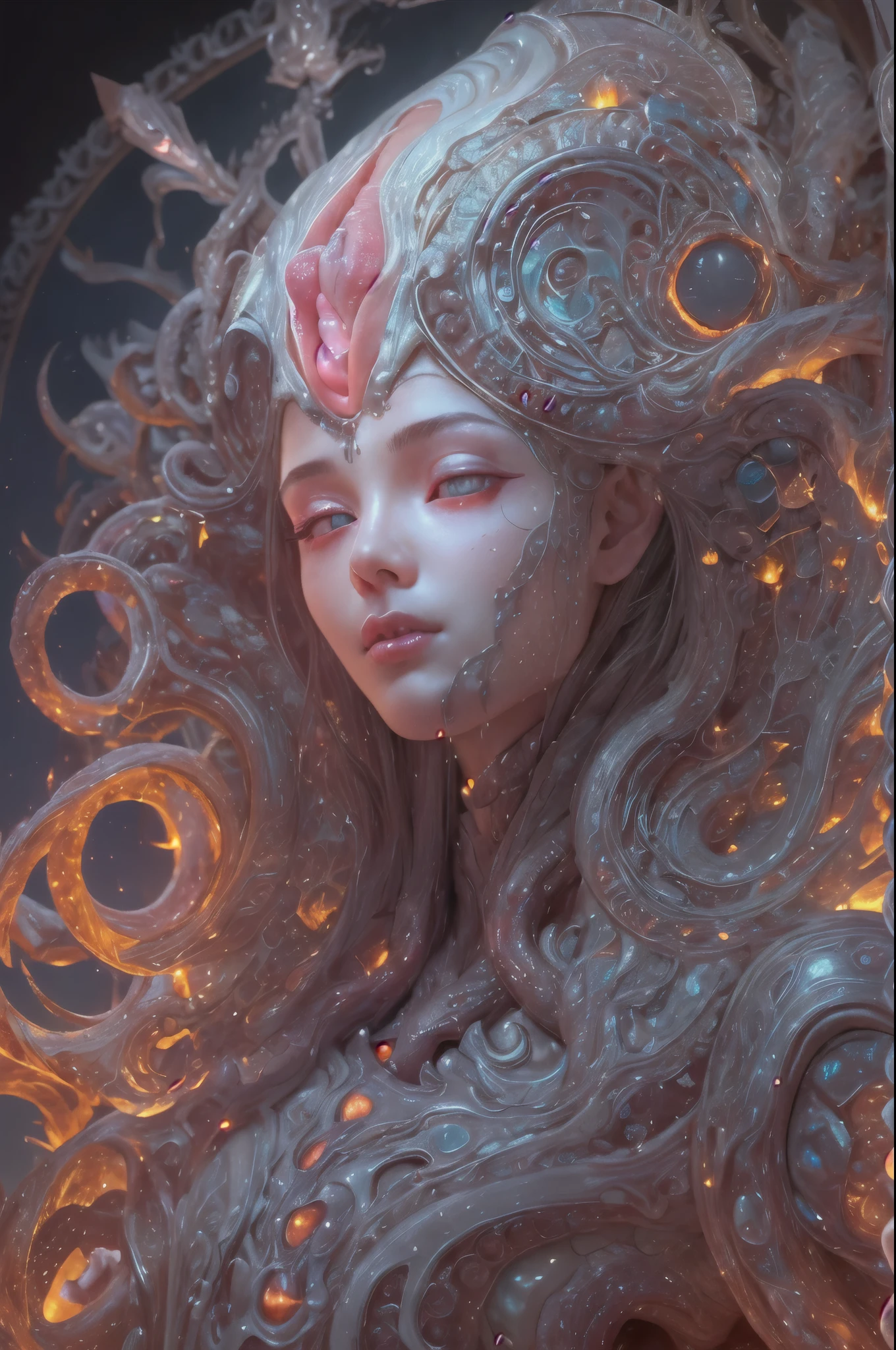  ((female ornate alien princess)), (with white long flowing hair), (bright beautiful red eyes), trending on artstation, tentacles of beautiy by Jean-Honor Fragonard, Peter mohrbacher, hyper detailed, insane details, stunning, intricate, elite, art nouveau, ornate, liquid wax, elegant, luxury, Greg Rutkowski, ink style, sticker, vector-art beautiful character design, double exposure shot, luminous design, award winning, masterpiece, amoled black background, (There is a female genital-like organ in the middle of the forehead:1.9)