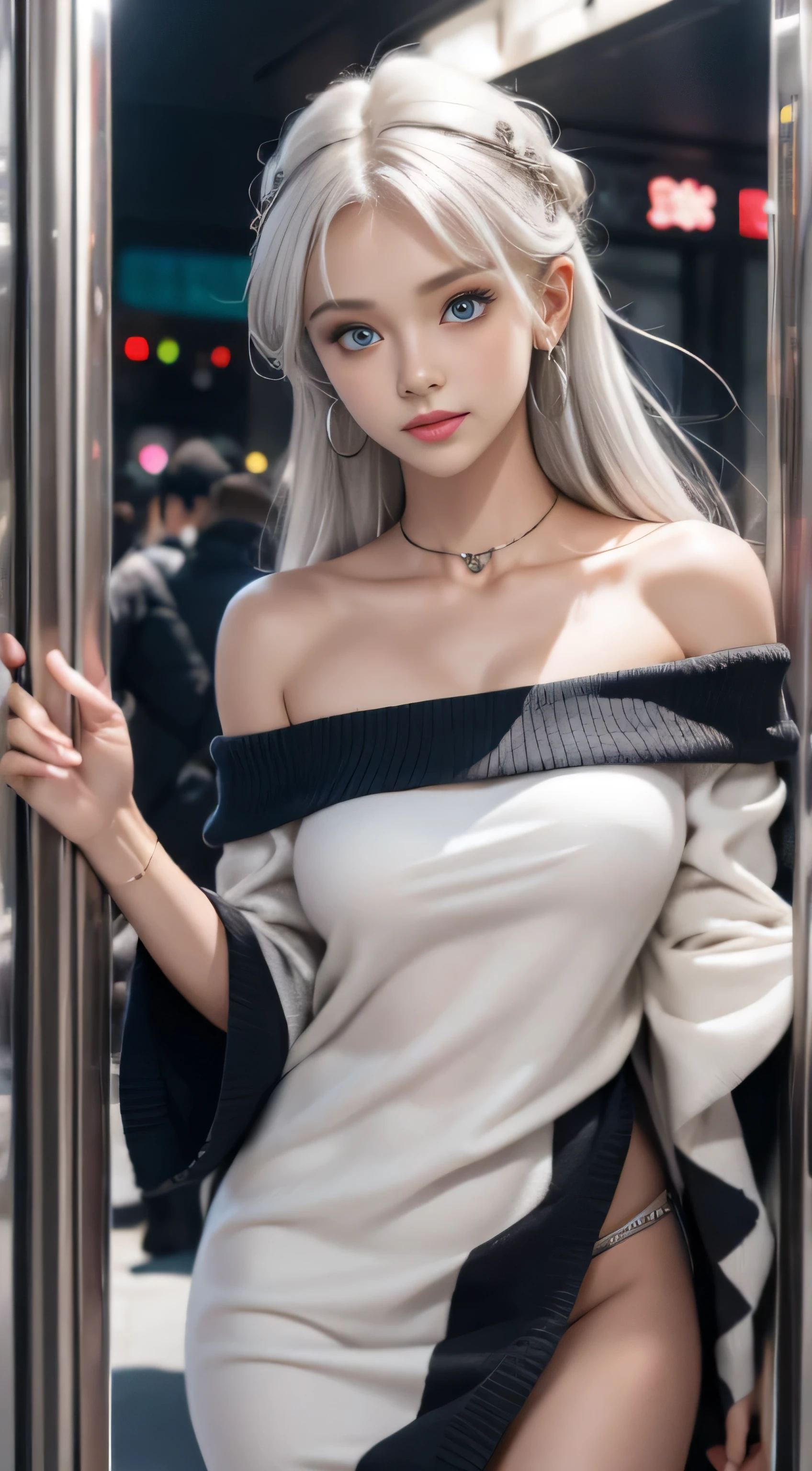 double whirlwind pattern design clothes，iris heterochromatic pupil，silver haired girl，free high resolution,off shoulder、