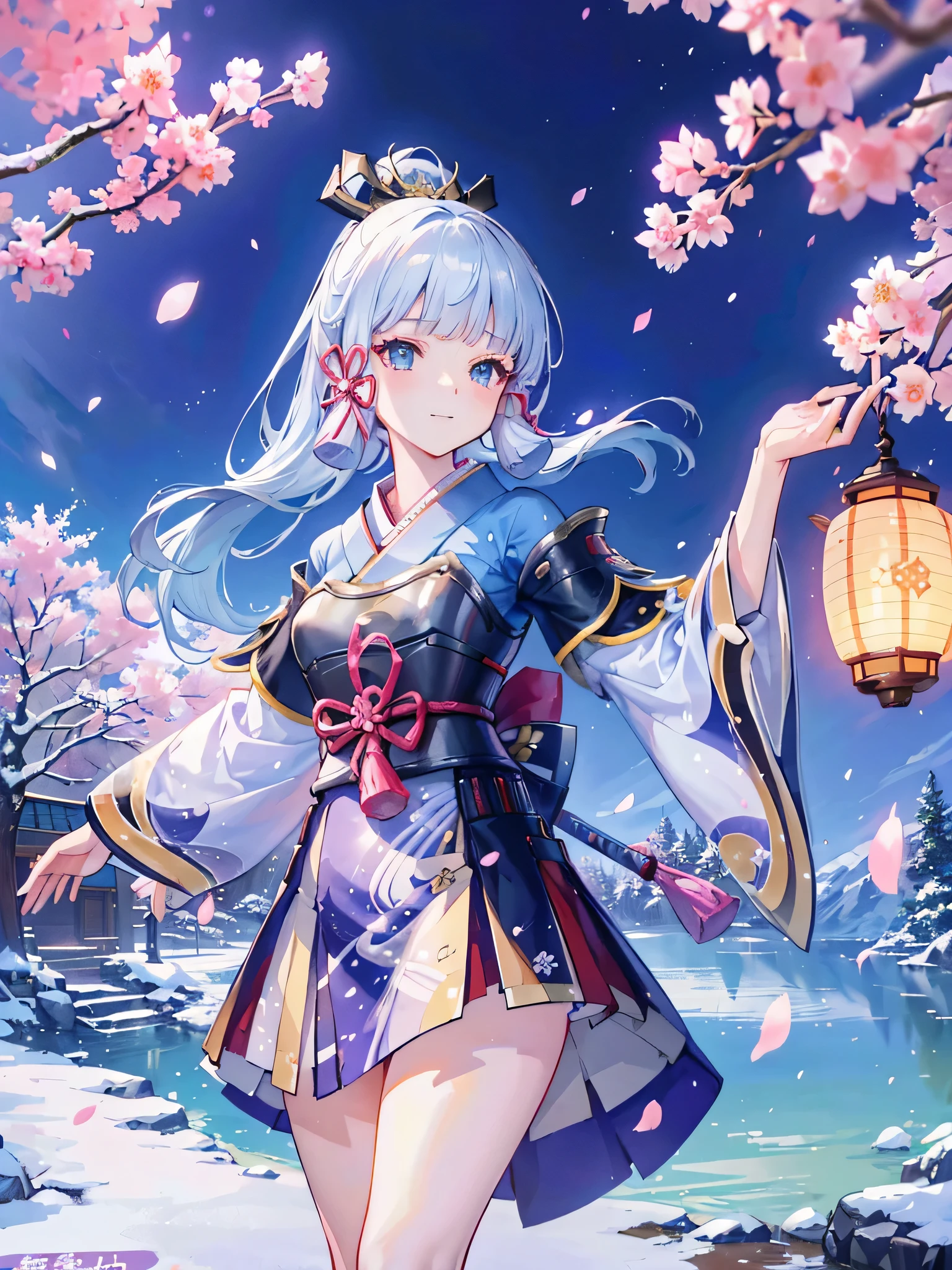 (best quality,4k,8k,highres,masterpiece:1.2),ultra-detailed,realistic,portrait,anime,Kamisato Ayaka,Genshin Impact,frozen cherry blossoms,blizzard,precise swordsmanship,graceful pose,silver hair,lilac kimono,ornate headpiece,icy blue eyes,powerful frost abilities,magic ice crystals,ethereal beauty,traditional Japanese garden,charming smile,colorful lanterns,subtle moonlight,winter-themed backdrop,sakura petals floating in the air,delicate snowflakes dancing,peaceful and serene atmosphere,dynamic action stance,swift and precise movements,elaborate ice sculptures,shimmering frost particles,exquisite details,impressive icy landscapes,hidden secrets and treasures,legendary samurai,spiritual energy flowing around her,swordsmanship training dojo,inspiring and determined spirit,sense of mystery,engaging storyline