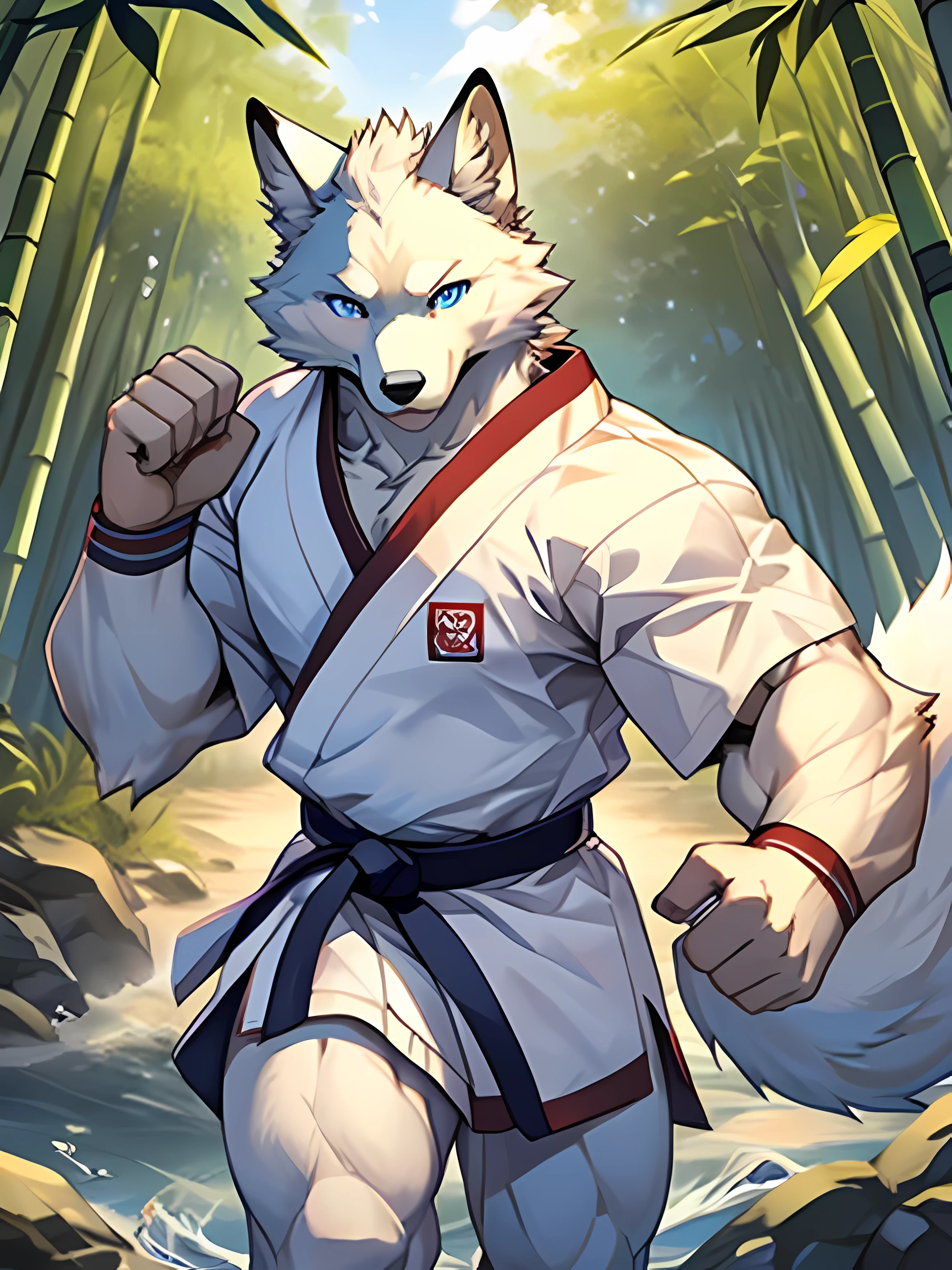 arctic fox,light blue eyes,Realistic eye detail,Have well-proportioned muscles,Wear a karate uniform,Practicing karate under the bamboo tree,Evening