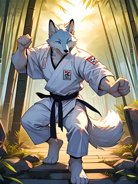 arctic fox,light blue eyes,Realistic eye detail,Have well-proportioned muscles,Wear a karate uniform,Practicing karate under the...