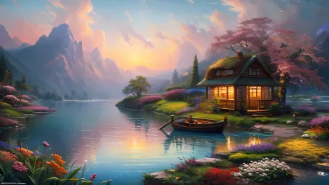 landscape, water, hut, smokes, boat in the water, flowers ,stream, full color (extremely detailed cg unified 8k wallpaper), most...