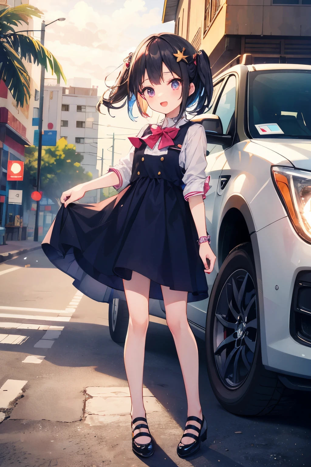 Octane Render、(hyper detail:1.15)、(soft light、sharp:1.2)、morning、Girl posing in front of colorful EVs in a parking lot near the beach、Characteristic hair ornament、Cute shoes、open your mouth and laugh、shining light、Bokeh effect strong