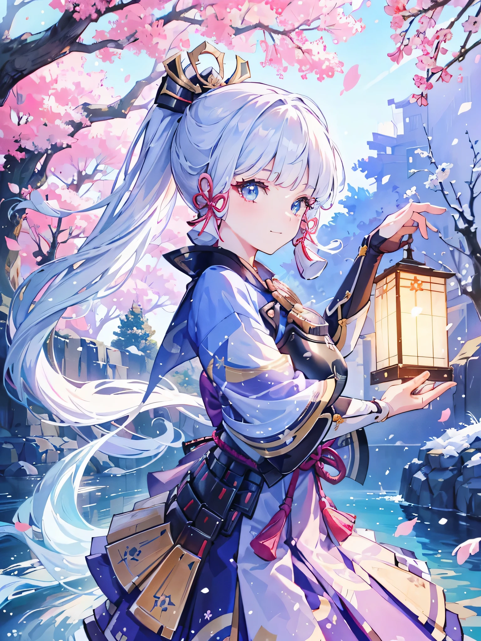 (best quality,4k,8k,highres,masterpiece:1.2),ultra-detailed,realistic,portrait,anime,Kamisato Ayaka,Genshin Impact,frozen cherry blossoms,blizzard,precise swordsmanship,graceful pose,silver hair,lilac kimono,ornate headpiece,icy blue eyes,powerful frost abilities,magic ice crystals,ethereal beauty,traditional Japanese garden,charming smile,colorful lanterns,subtle moonlight,winter-themed backdrop,sakura petals floating in the air,delicate snowflakes dancing,peaceful and serene atmosphere,dynamic action stance,swift and precise movements,elaborate ice sculptures,shimmering frost particles,exquisite details,impressive icy landscapes,hidden secrets and treasures,legendary samurai,spiritual energy flowing around her,swordsmanship training dojo,inspiring and determined spirit,sense of mystery,engaging storyline