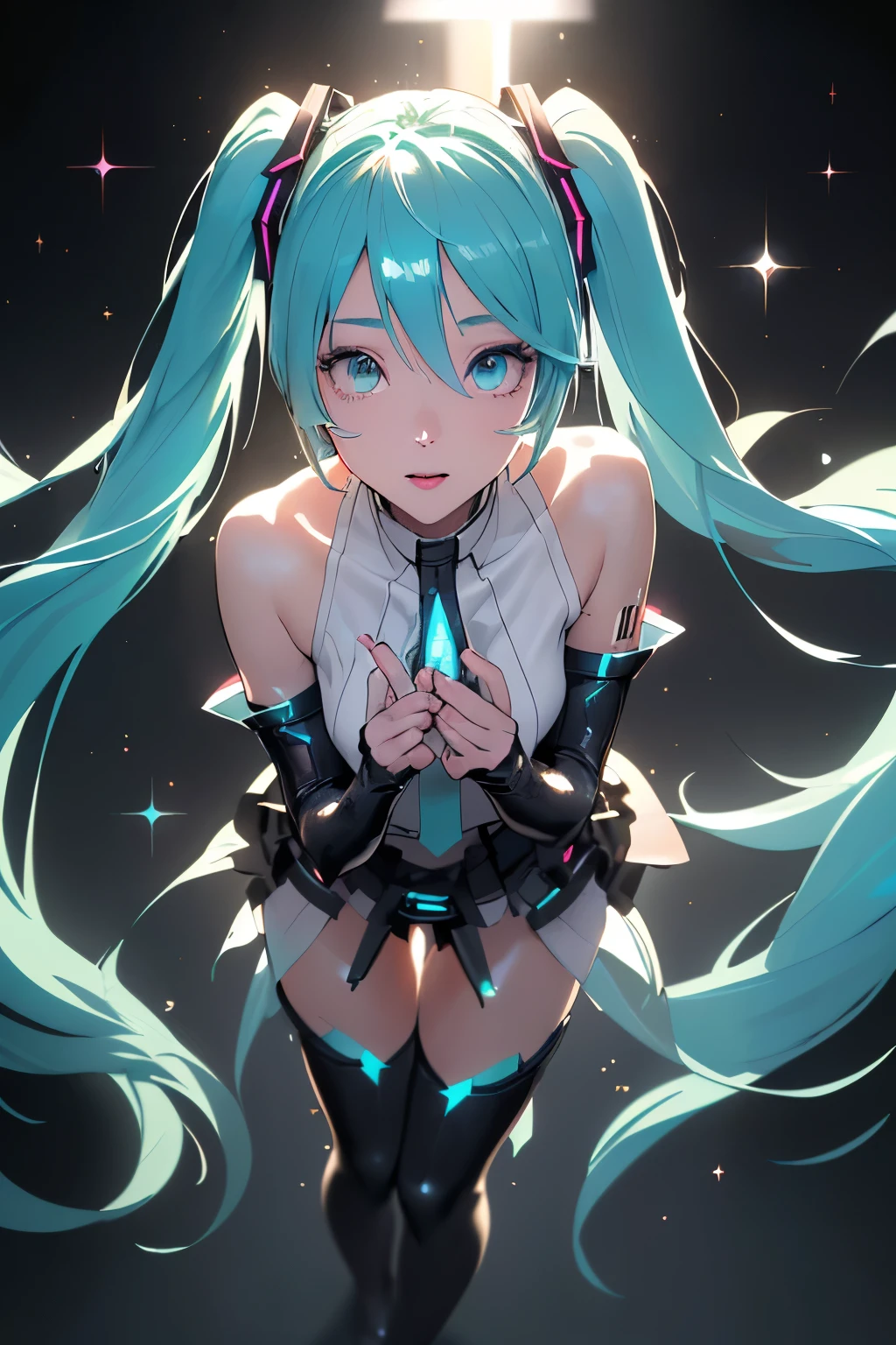 (((1girl))), (((Waifu, VOCALOID, Miku Hatsune Waifu))), (((Long Hair, Twintails Hair))), ((Cyan Eyes eyes:1.3, Upturned Eyes: 1, Perfect Eyes, Beautiful Detailed Eyes, Gradient eyes: 1, Finely Detailed Beautiful Eyes: 1, Symmetrical Eyes: 1, Big Highlight On Eyes: 1.2)), (((Lustrous Skin: 1.5, Bright Skin: 1.5, Skin Fair, Shiny Skin, Very Shiny Skin, Shiny Body, Plastic Glitter Skin, Exaggerated Shiny Skin, Illuminated Skin))), (Detailed Body, (Detailed Face)), (Best Quality), Shirt, Loose Skirt, Garter Belt, Stockings, High Resolution, Sharp Focus, Ultra Detailed, Extremely Detailed, Extremely High Quality Artwork, (Realistic, Photorealistic: 1.37), 8k_Wallpaper, (Extremely Detailed CG 8k), (Very Fine 8K CG), ((Hyper Super Ultra Detailed Perfect Piece)), (((Flawlessmasterpiece))), Illustration, Vibrant Colors, (Intricate), High Contrast, Selective Lighting, Double Exposure, HDR (High Dynamic Range), Post-processing, Background Blur, Inky Shadows, Darker Shadows, Thick Shadows, High Quality Shadows, high detail, realistic, Cinematic Light, sidelighting, Lens Flare, Ray tracing, sharp focus,