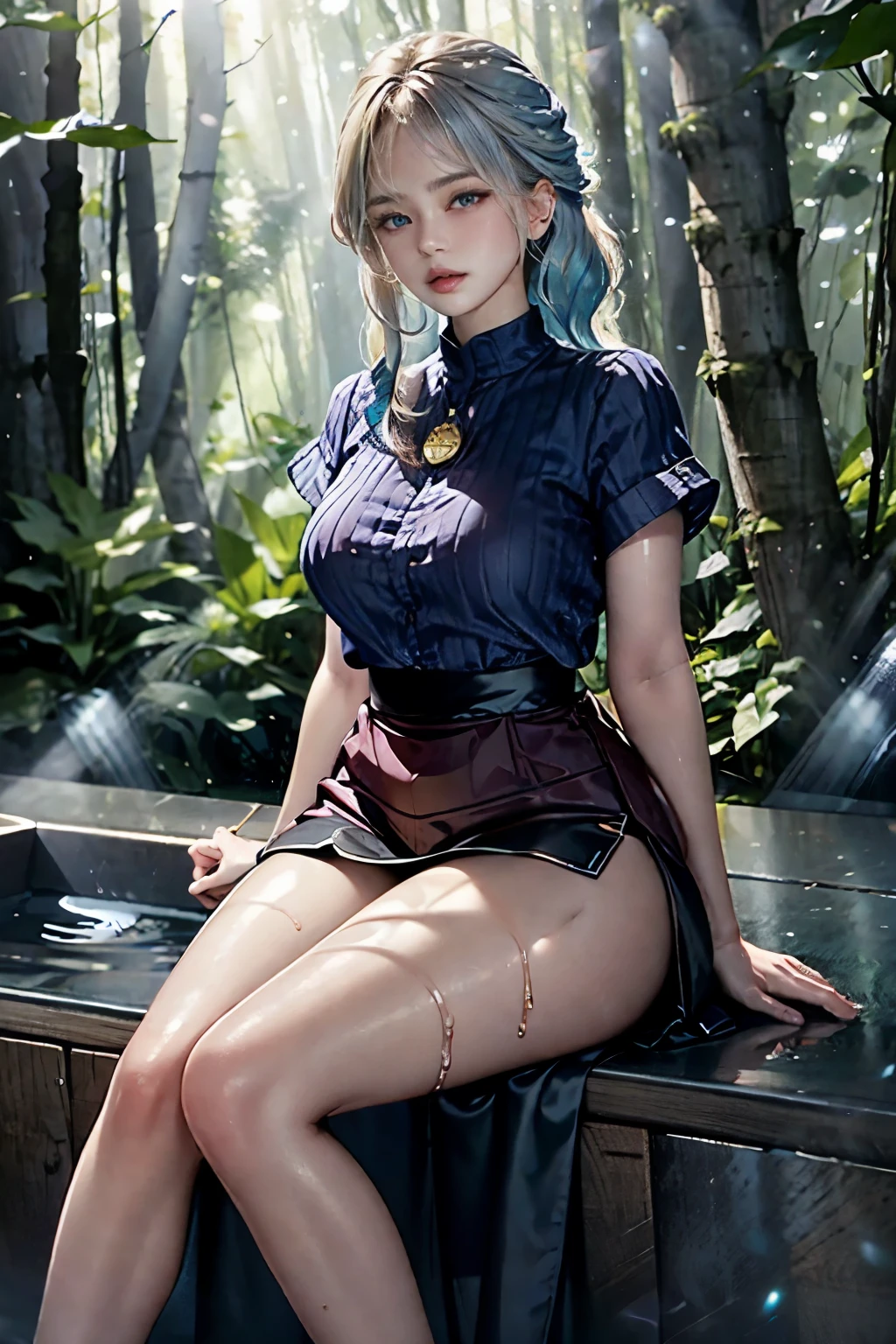 HDR,UHD,8K,A woman with plump lips, shiny skin, medium platinum blonde with midnight blue highlights hair, D cup breast,wet clothes, wearing a sheer burgundy shirt, wearing a high waisted black ribbed skirt, (forest background),  full body
