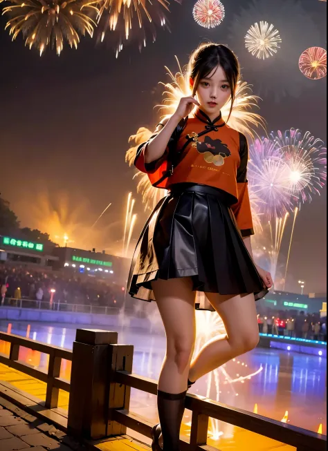 a girl(Two dimensions,sexy),black eyes,black hair,miniskirt,whole body,Celebrating the Spring Festival on the Chinese-style streets((fireworks))